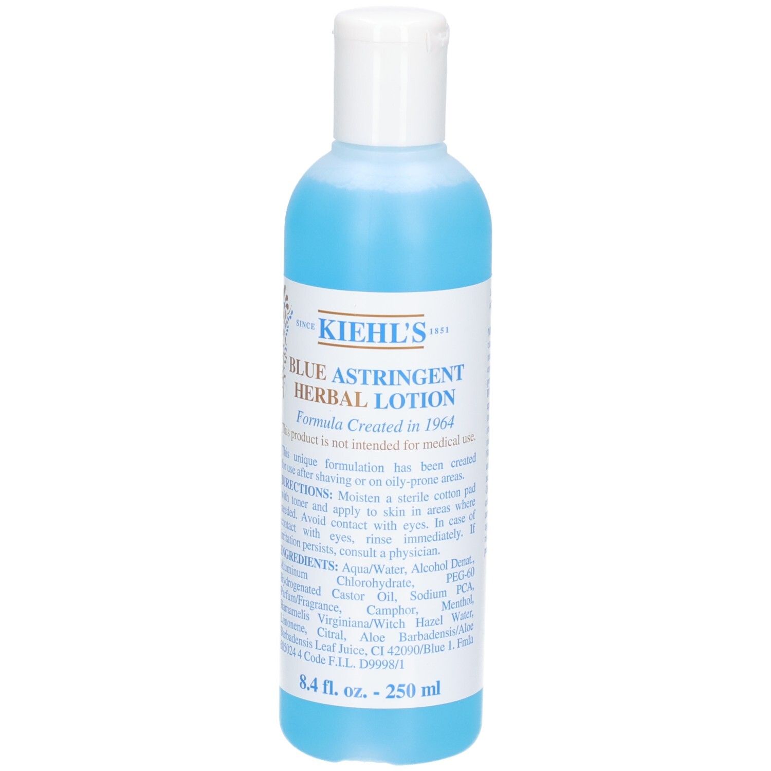 Bouteille de Lotion Tonique Astringente Bleue Kiehl's avec bouchon blanc. Étiquette avec détails visible.