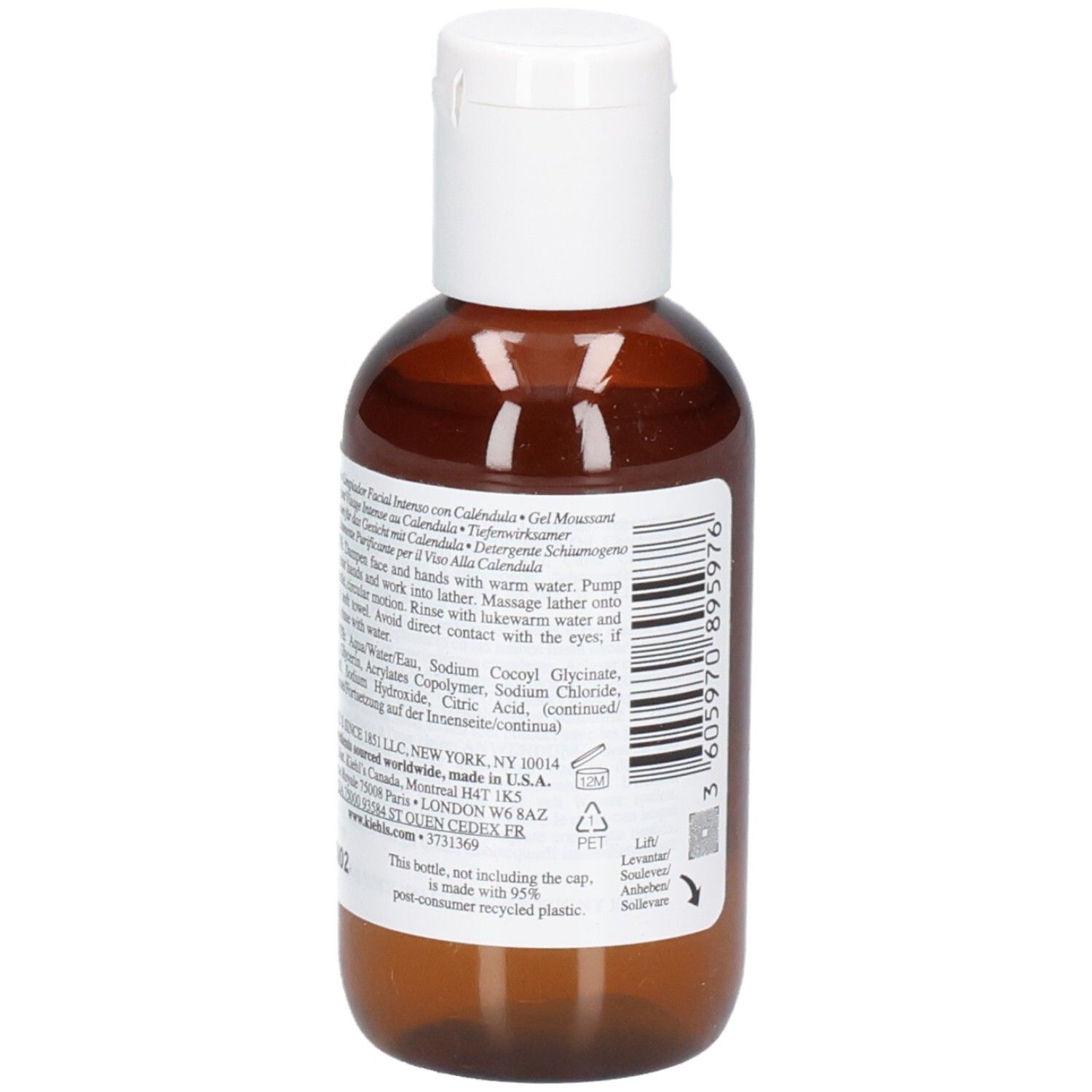 Kiehl's Calendula Deep Cleansing Foaming Face Wash, arrière du flacon de 75 ml avec instructions.