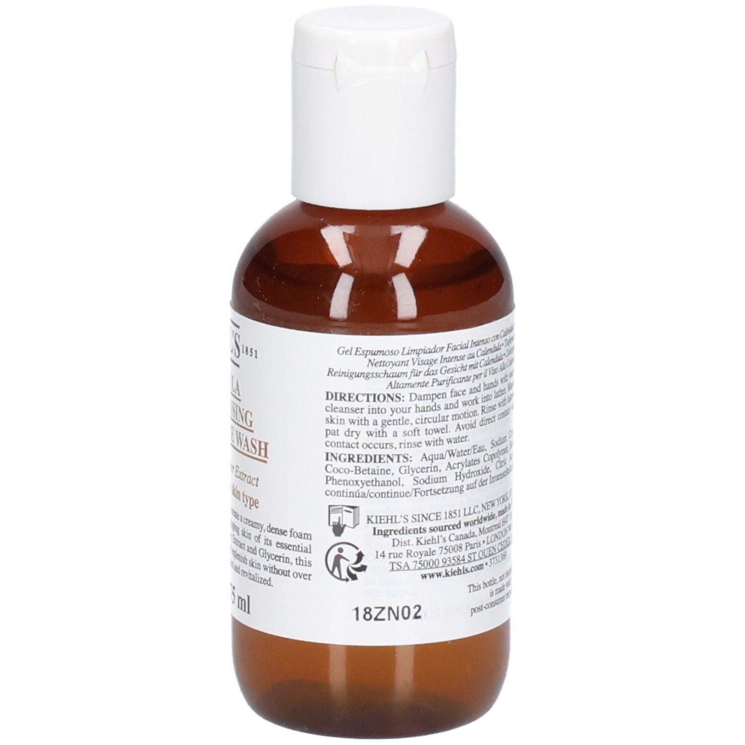 Kiehl's Calendula Deep Cleansing Foaming Face Wash, flacon de 75 ml, vue latérale avec texte.