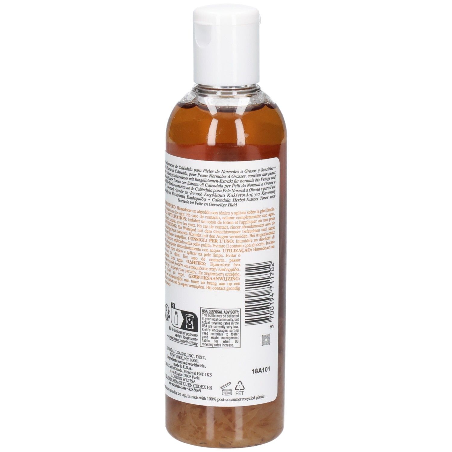Vue latérale de la bouteille Kiehl's Calendula Herbal-Extract Toner. Étiquette avec informations multilingues et code-barres.