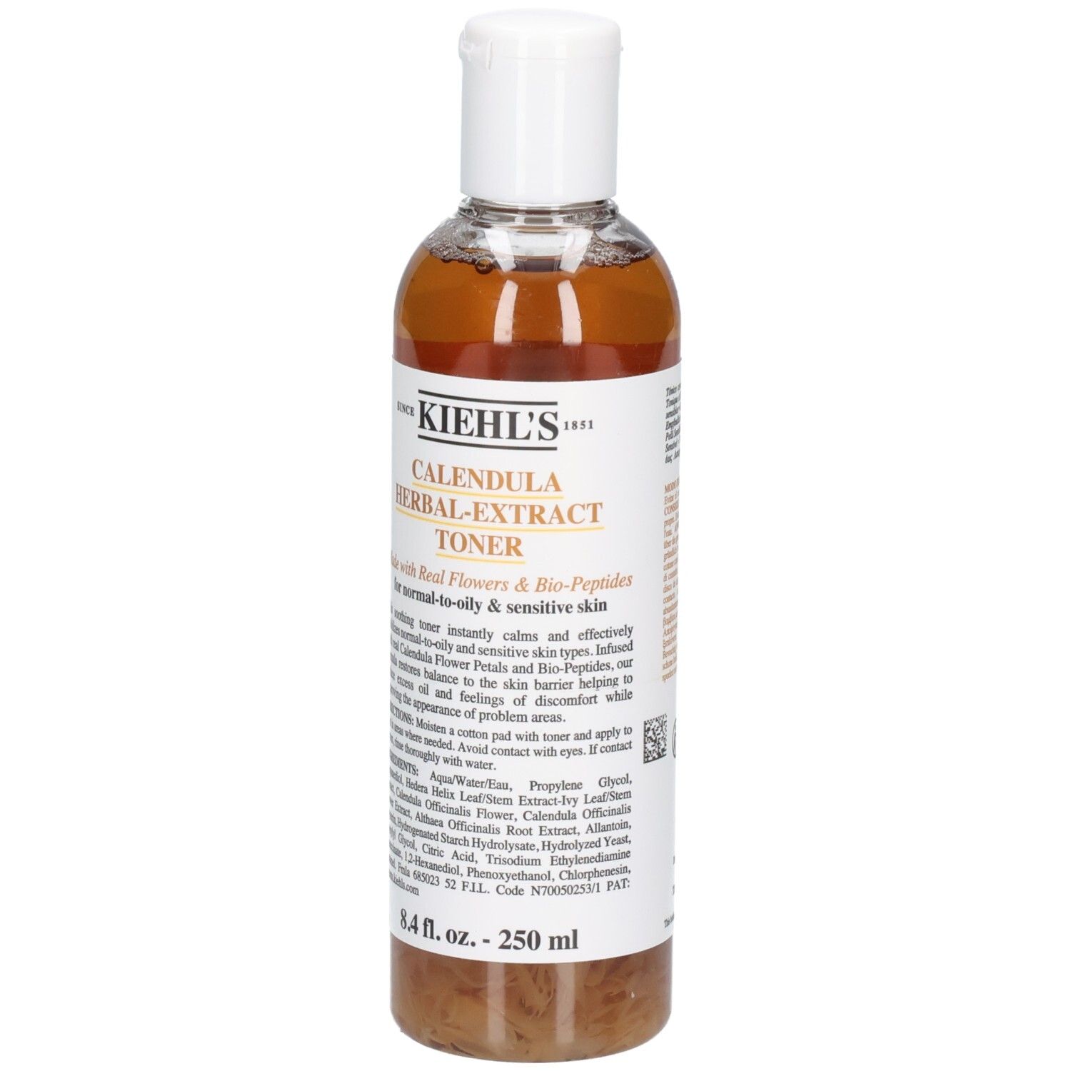 Kiehl's Calendula Herbal-Extract Toner dans une bouteille transparente. Avant de l'étiquette avec le nom du produit et la description.