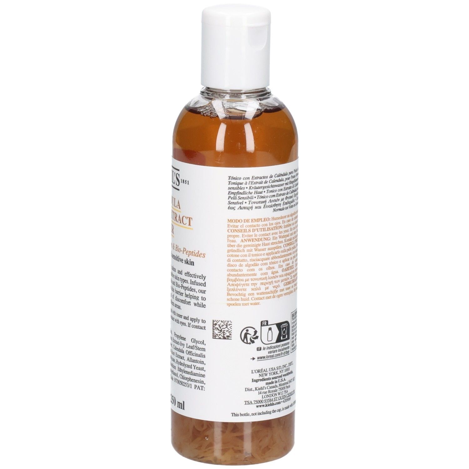 Vue latérale de la bouteille Kiehl's Calendula Herbal-Extract Toner. Étiquette avec informations sur le produit et ingrédients.