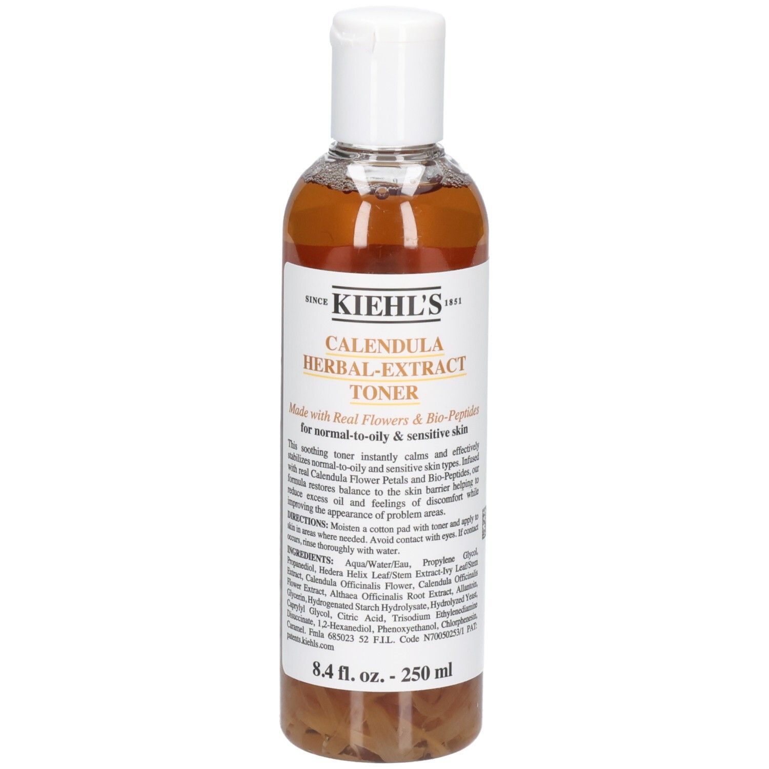 Kiehl's Calendula Herbal-Extract Toner, 250 ml. Bouteille transparente avec liquide doré et pétales visibles.