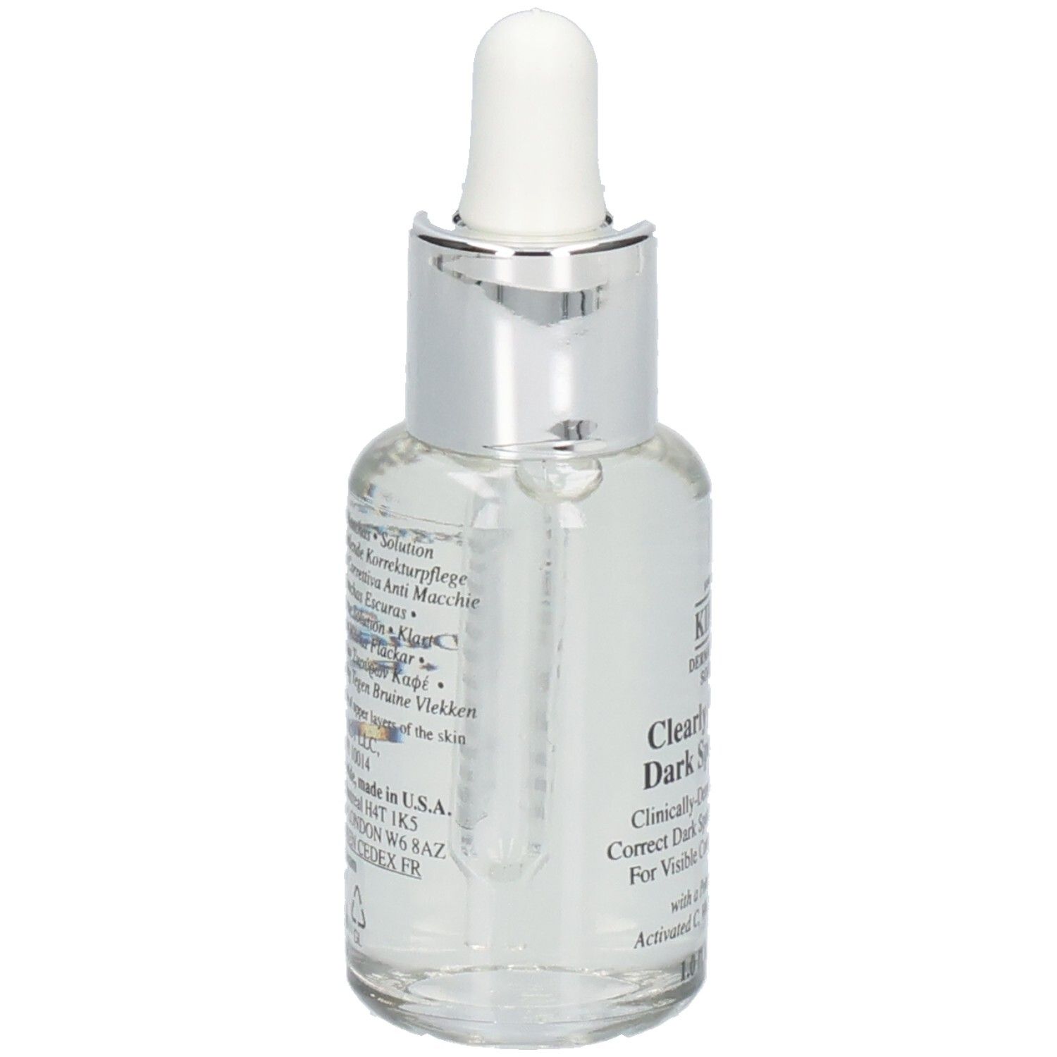 Kiehl's Clearly Corrective Dark Spot Solution Sérum en flacon de verre avec pipette. Dos avec texte. 30 ml.