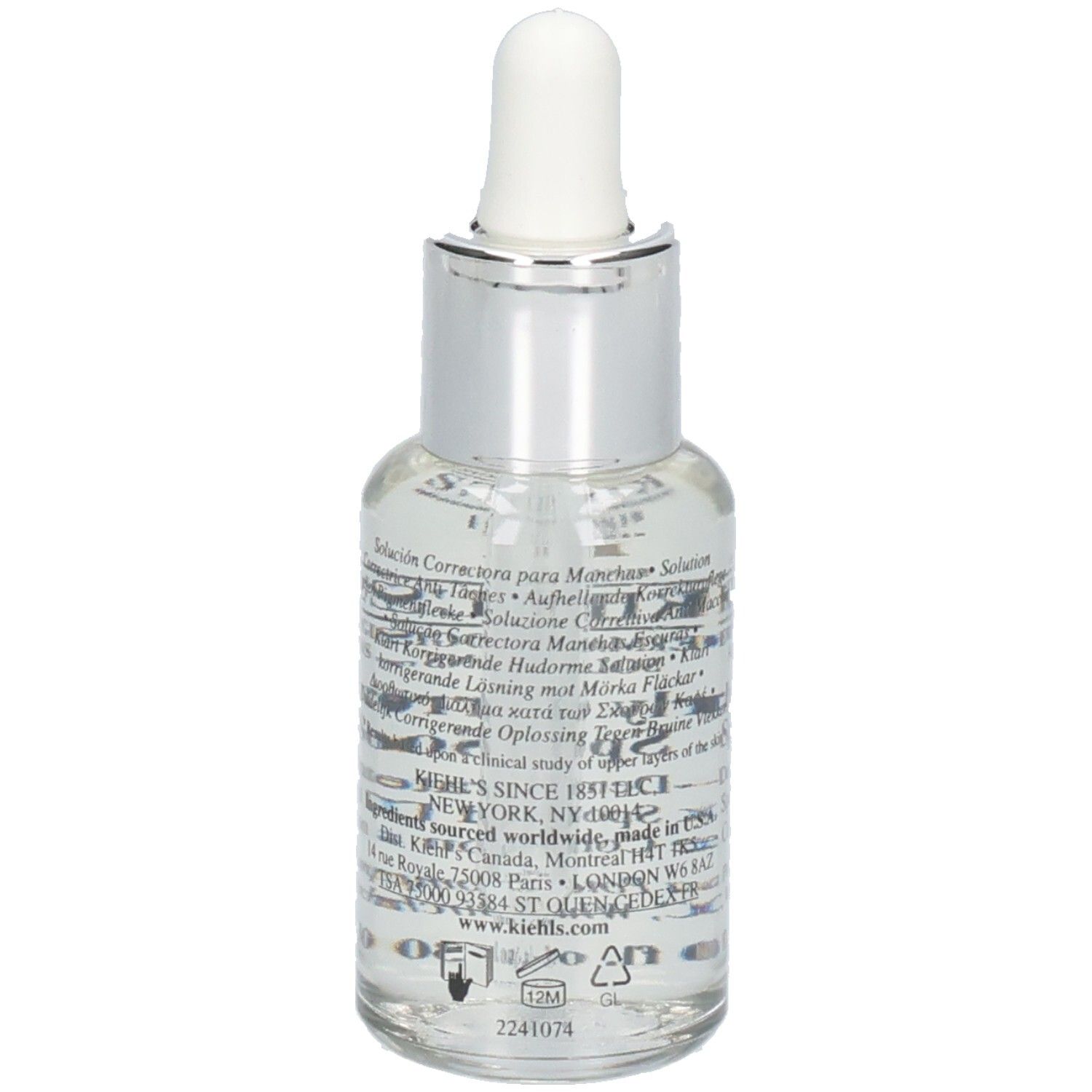 Kiehl's Clearly Corrective Dark Spot Solution Sérum en flacon de verre avec pipette. Dos avec texte. 30 ml.