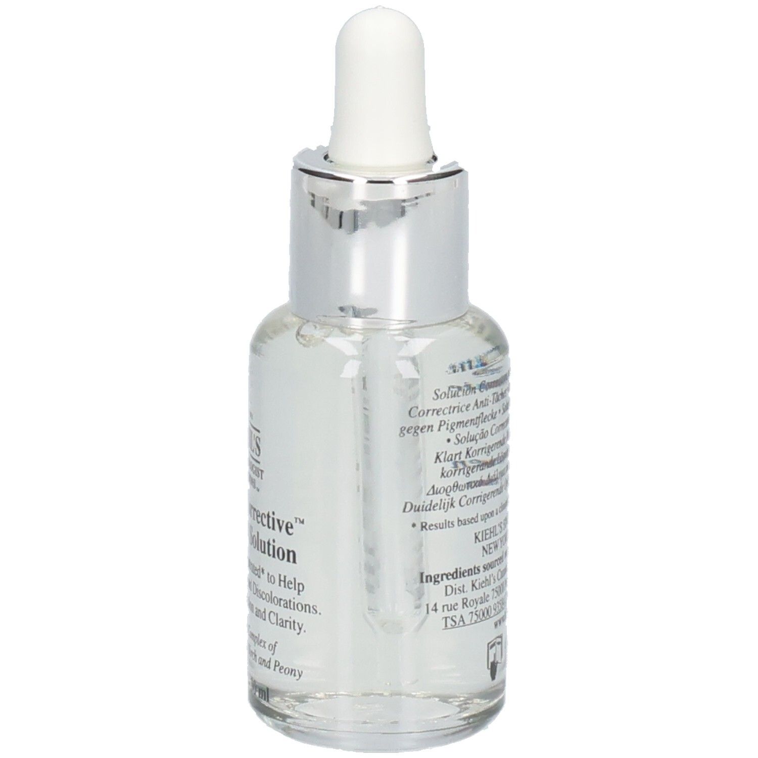 Kiehl's Clearly Corrective Dark Spot Solution Sérum en flacon de verre avec pipette. Dos avec texte. 30 ml.