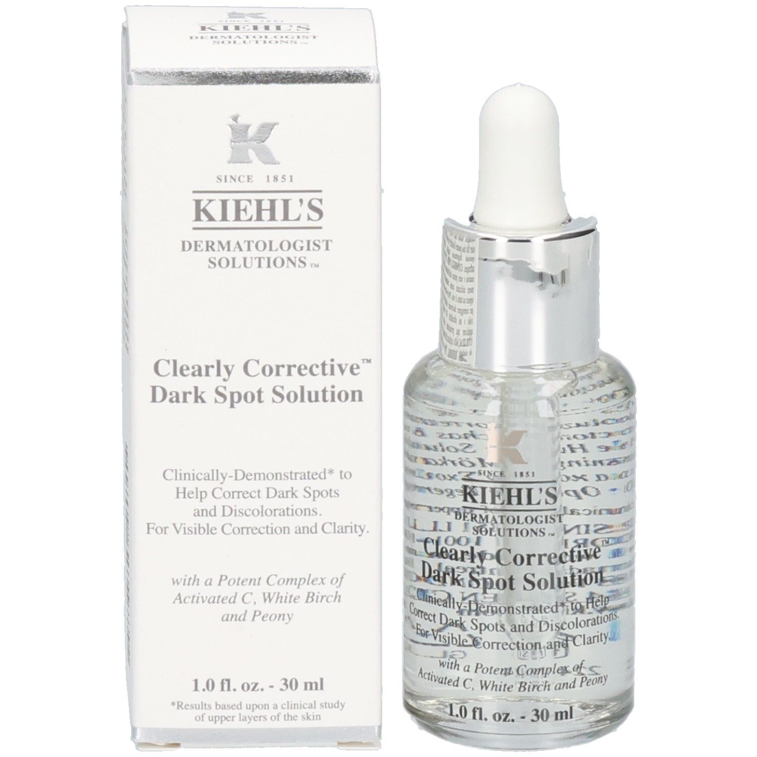 Kiehl's Clearly Corrective Dark Spot Solution Sérum en flacon de verre avec pipette et boîte. 30 ml.