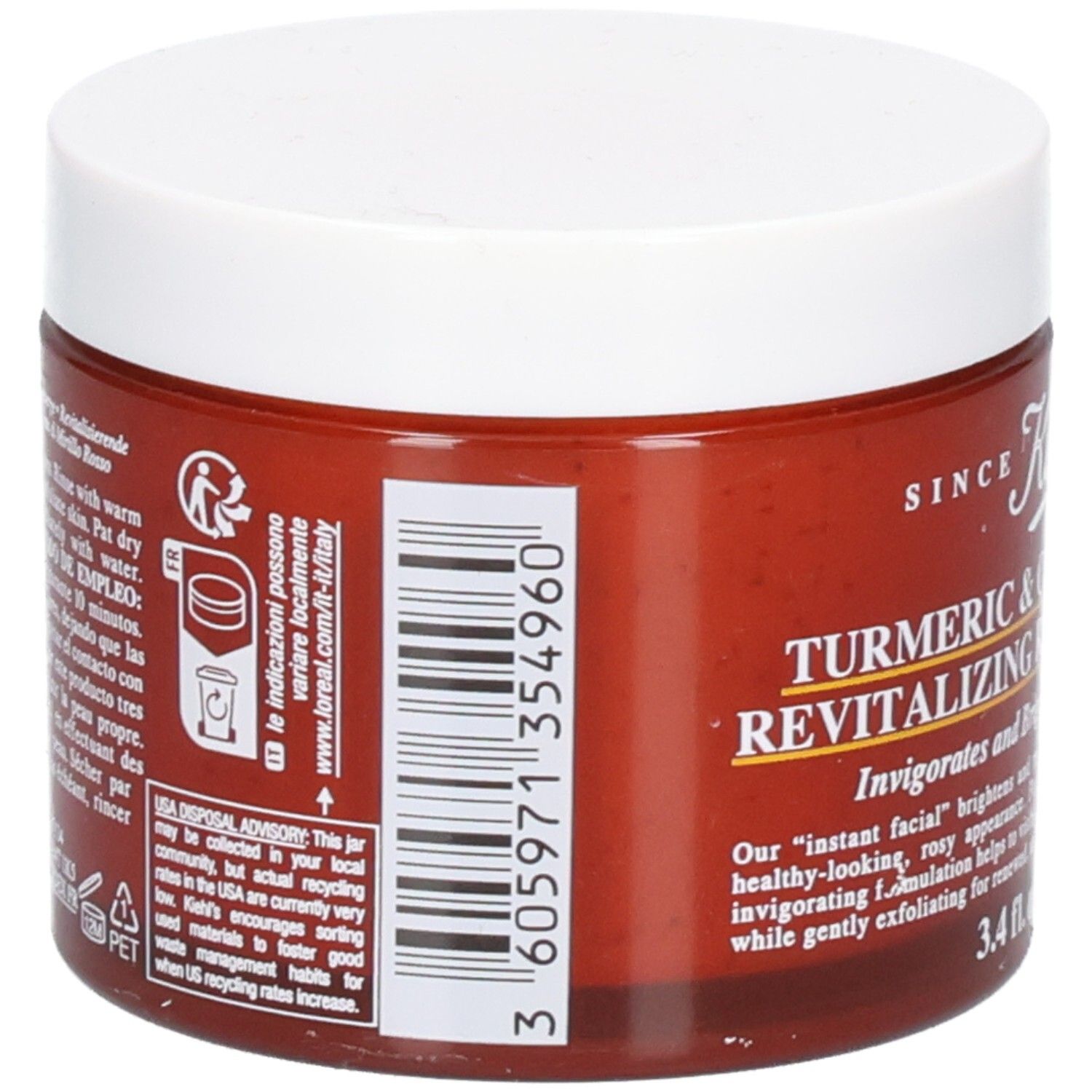 Masque Kiehl's Curcuma & Canneberge, dos avec code-barres et informations de recyclage.