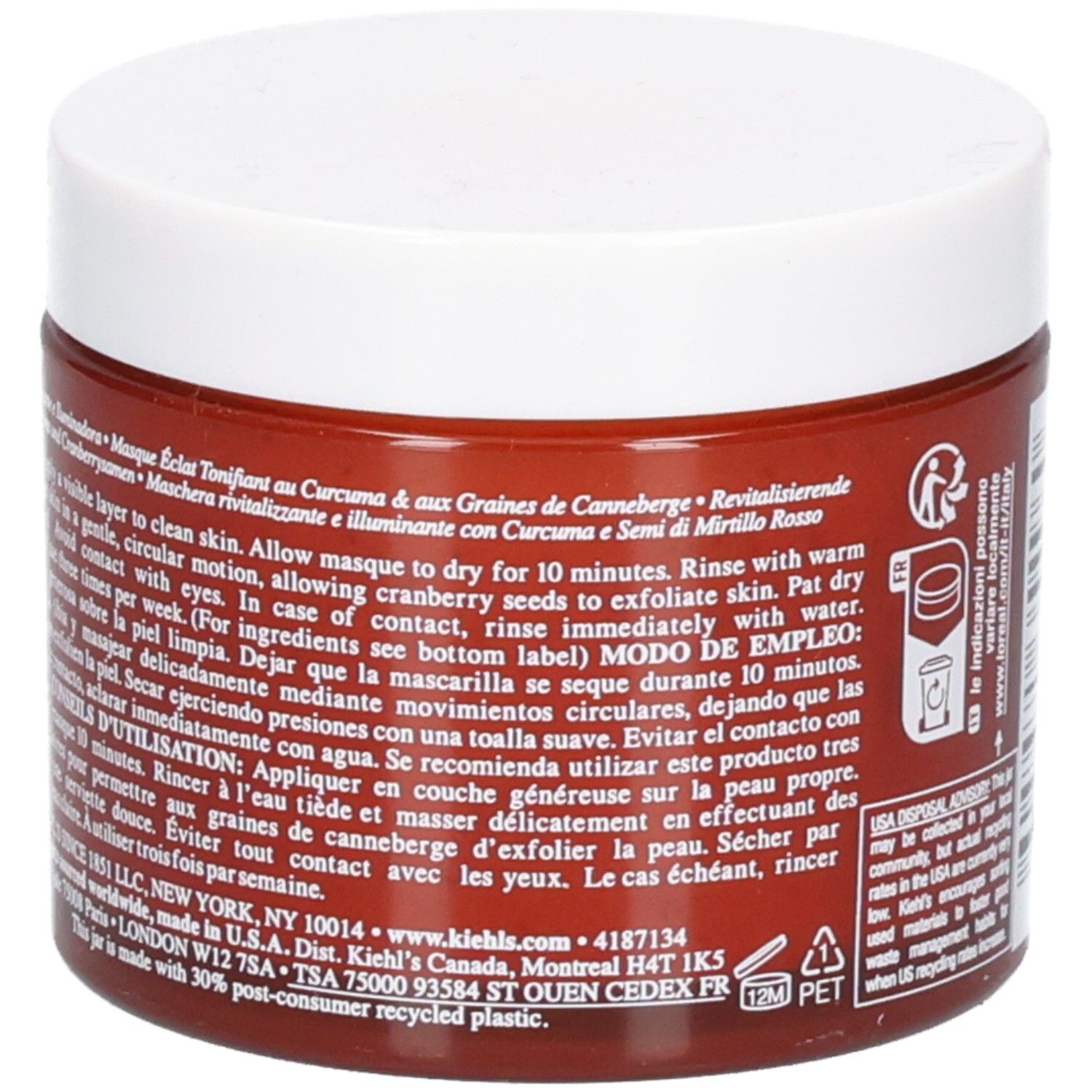 Masque Kiehl's Curcuma & Canneberge, dos avec instructions d'utilisation en espagnol et anglais.
