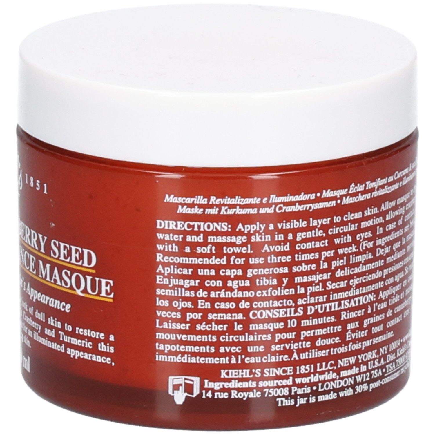 Masque Kiehl's Curcuma & Canneberge, dos avec instructions d'utilisation en français et portugais.