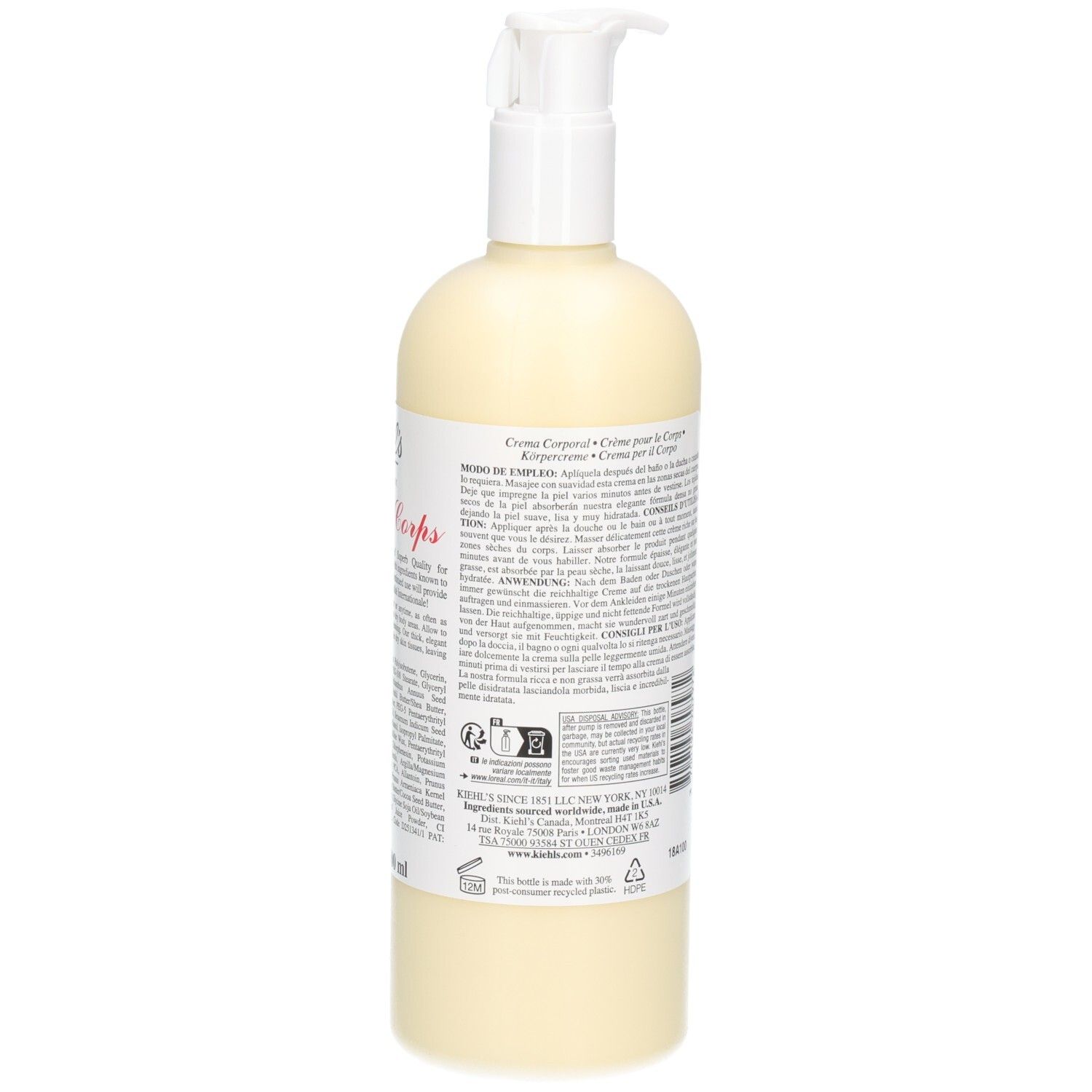 Kiehl's Crème de Corps, vue latérale avec étiquette.