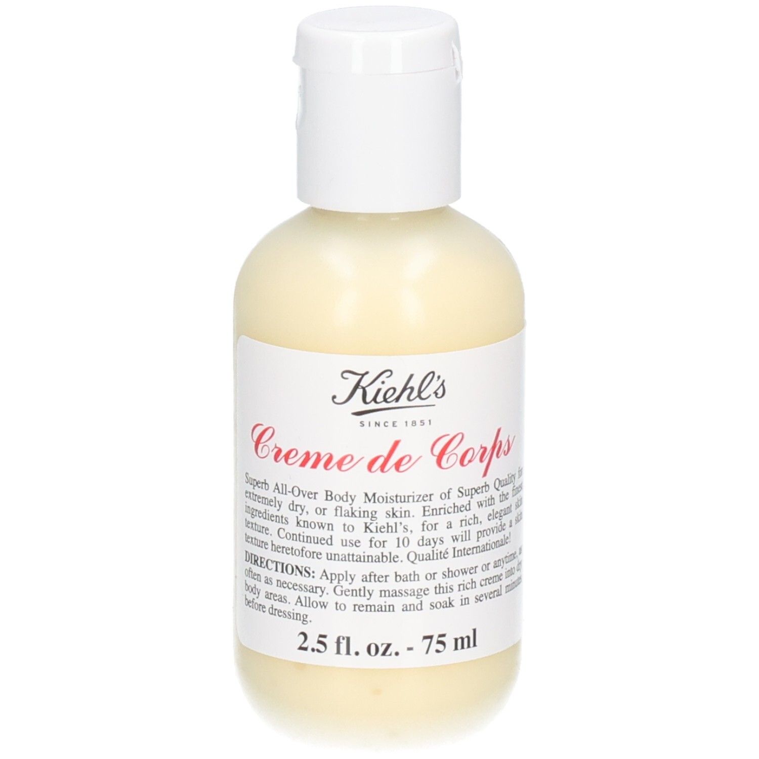 Kiehl's Crème de Corps dans un flacon blanc avec bouchon rabattable blanc. Étiquette avec informations produit.
