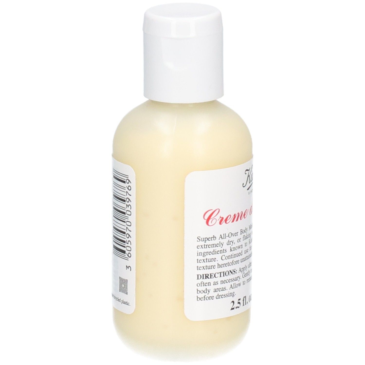 Kiehl's Crème de Corps, vue latérale. Flacon blanc avec bouchon rabattable et étiquette.