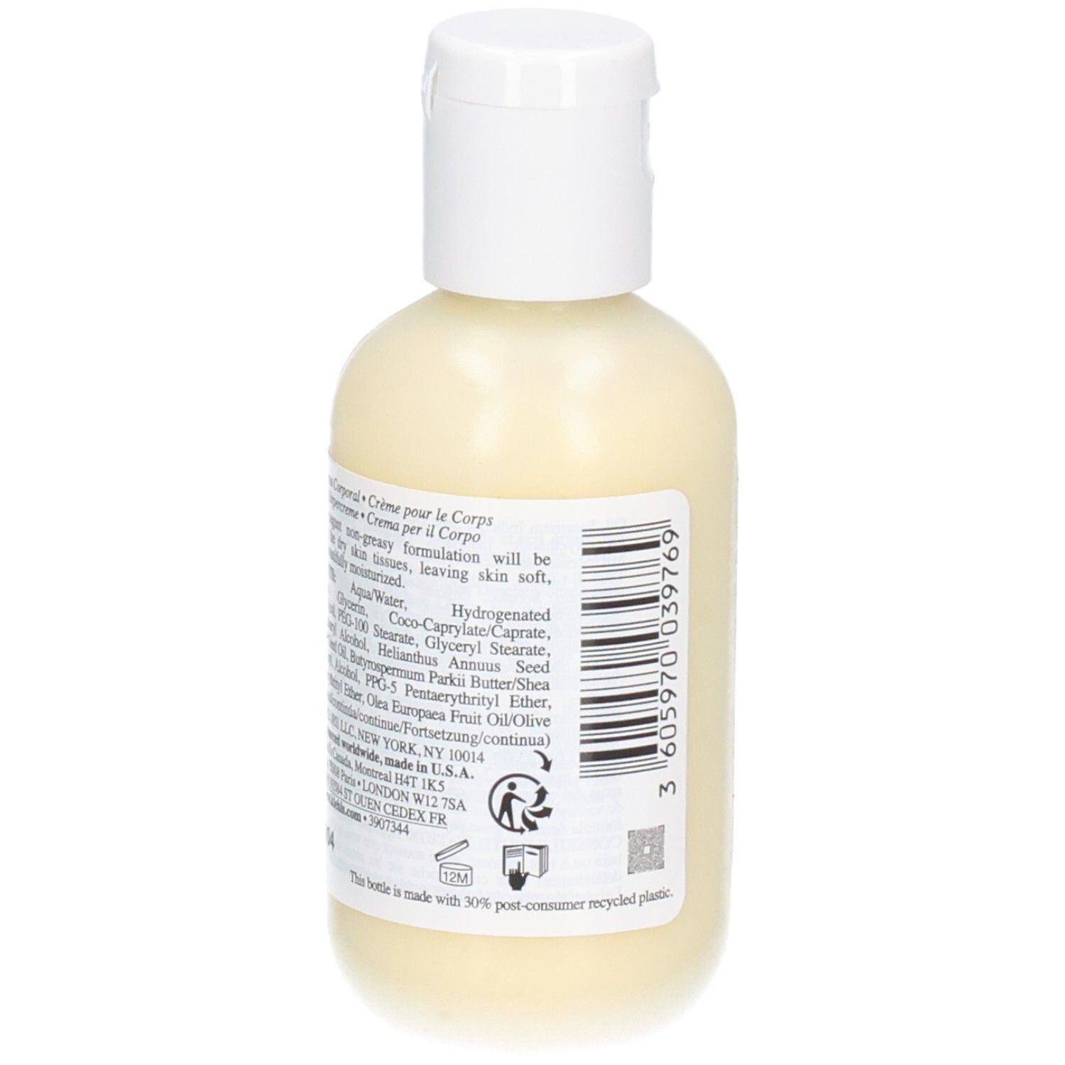 Arrière du flacon Kiehl's Crème de Corps. Étiquette avec liste des ingrédients et code-barres.