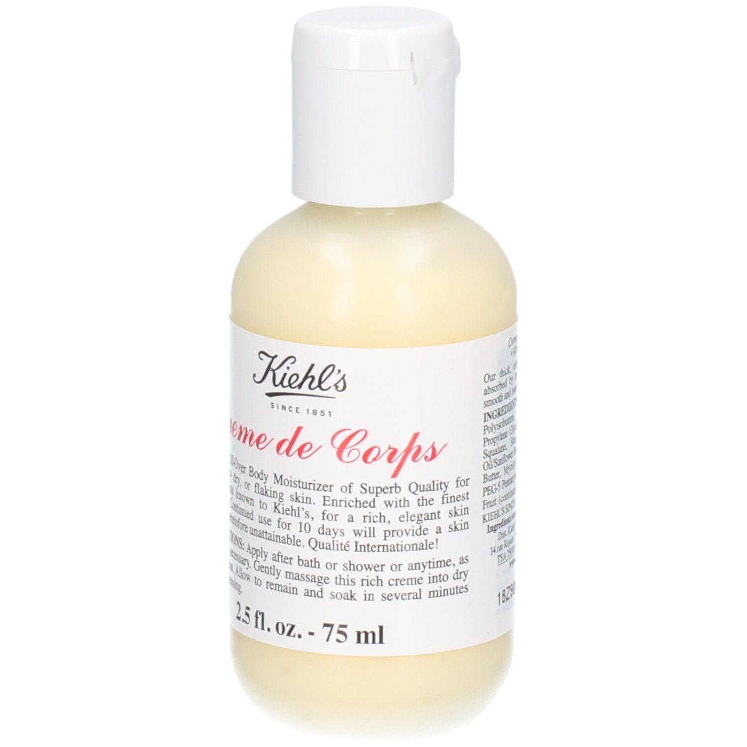 Kiehl's Crème de Corps, vue de face. Flacon blanc avec bouchon rabattable et étiquette.