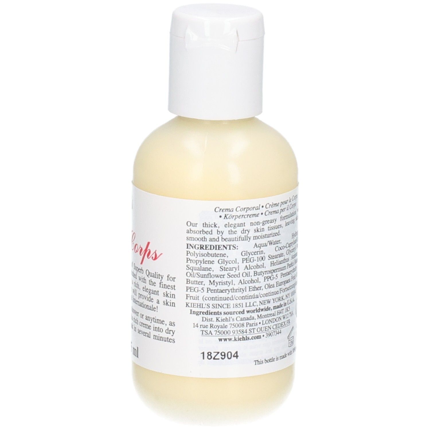 Kiehl's Crème de Corps, arrière. Étiquette avec ingrédients et détails de fabrication.