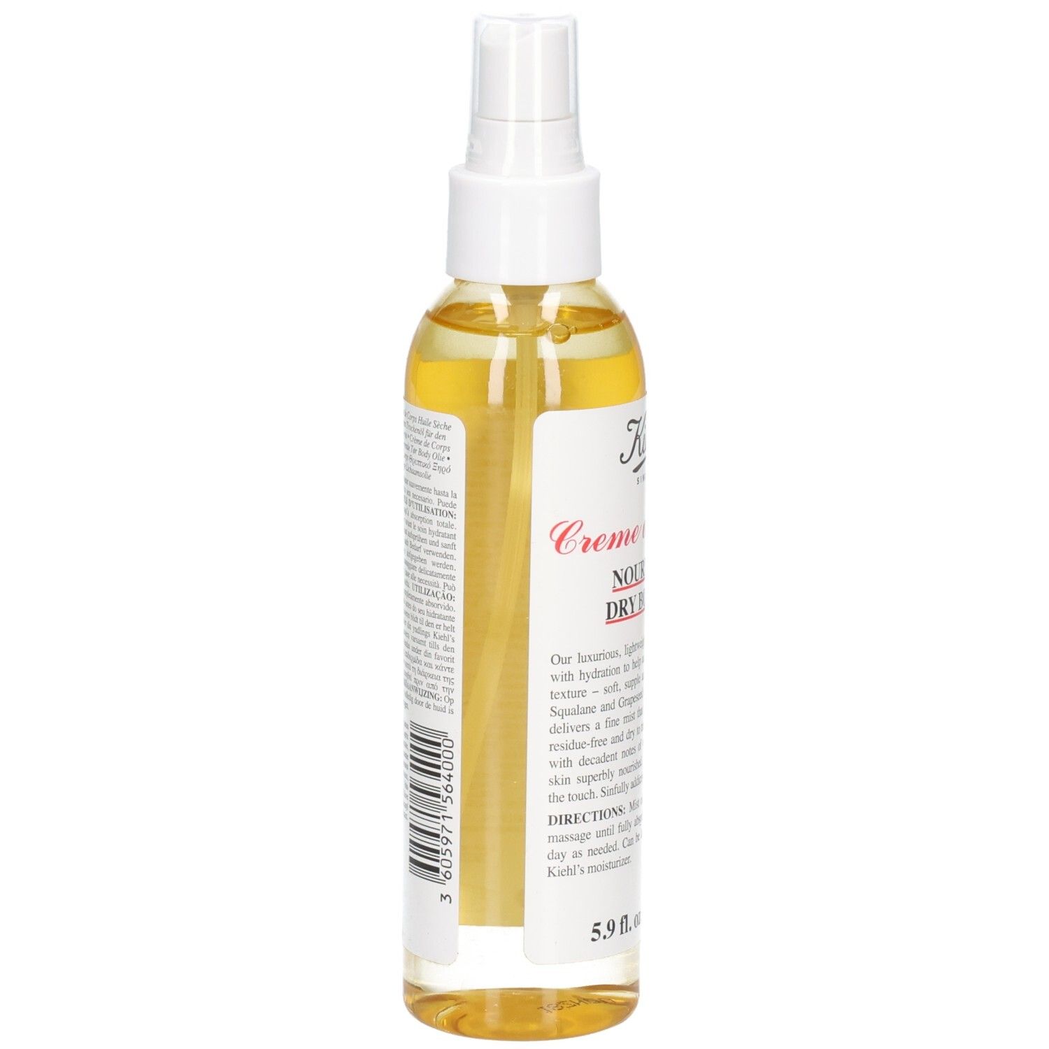 Kiehl's Crème de Corps Huile Sèche Nourrissante, vue latérale du flacon pompe.