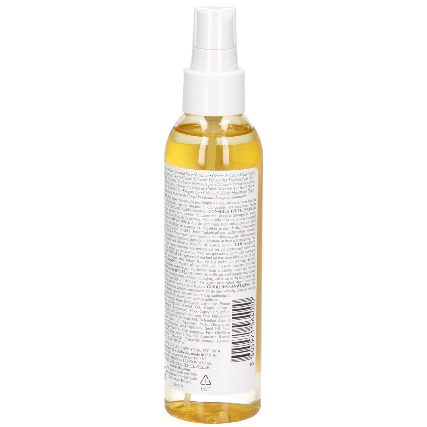 Kiehl's Crème de Corps Huile Sèche Nourrissante, vue arrière du flacon pompe.