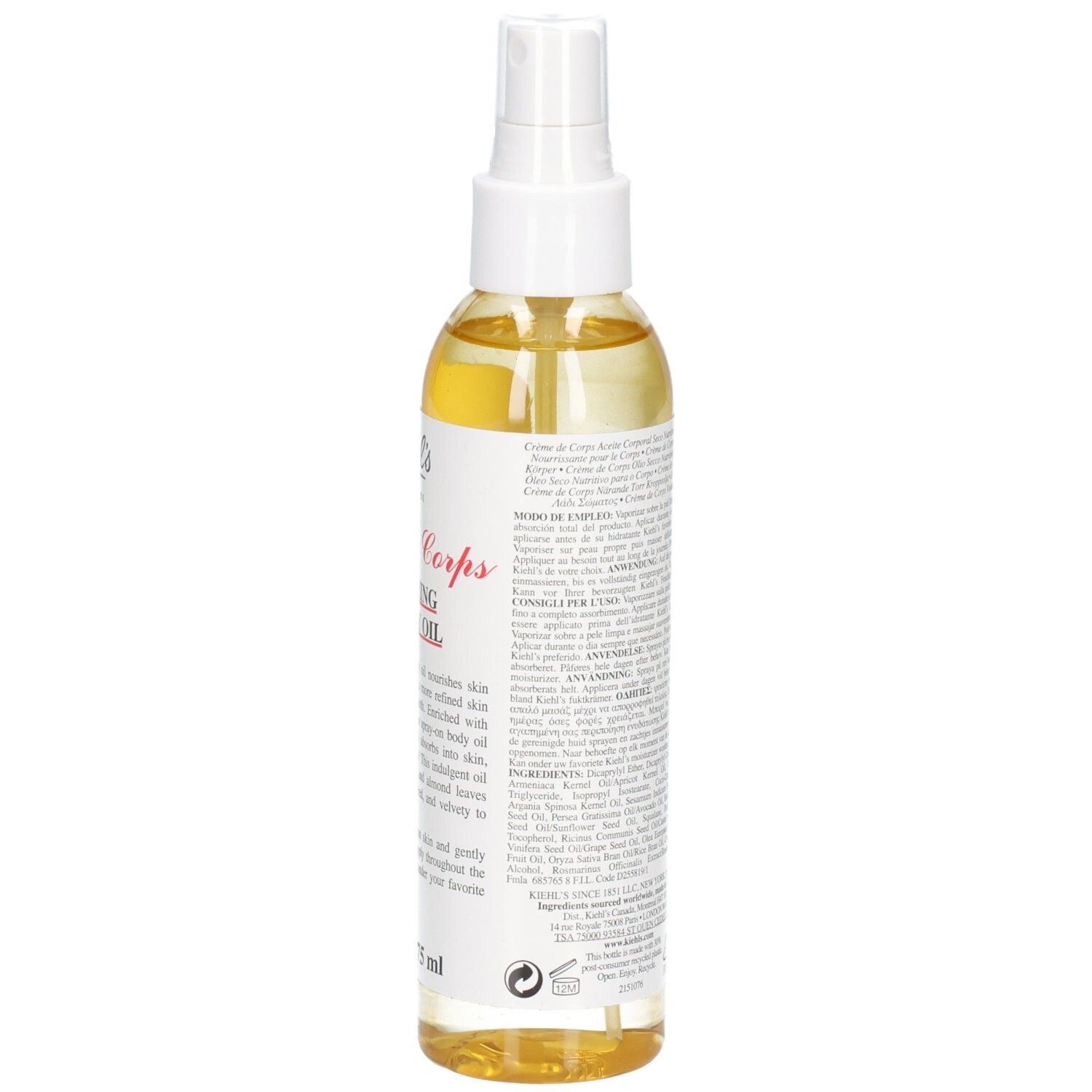 Kiehl's Crème de Corps Huile Sèche Nourrissante, vue latérale avec détails de l'étiquette.