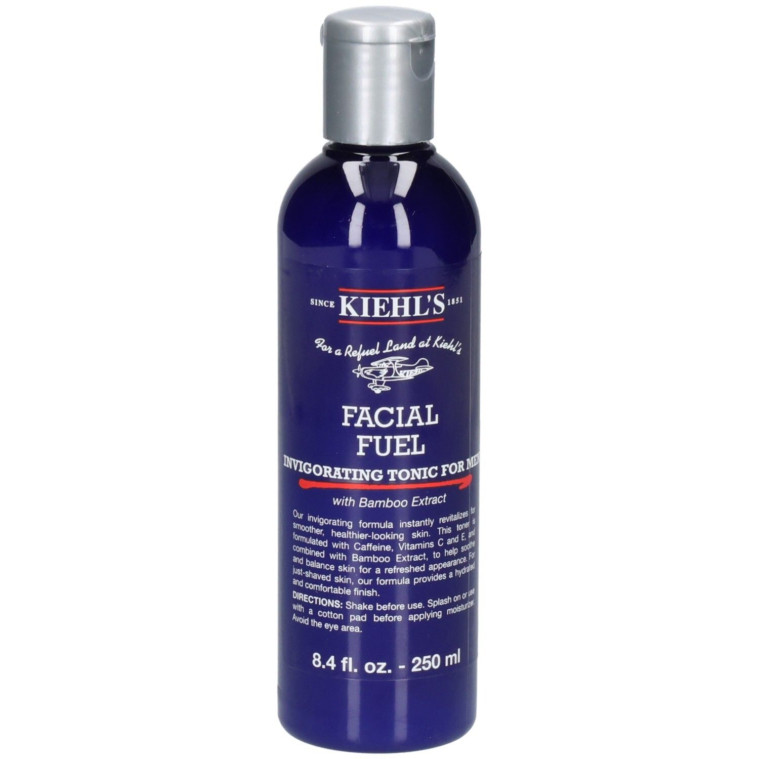 Kiehl's Facial Fuel: Flacon bleu avec bouchon argenté à rabat. Contient 250 ml.