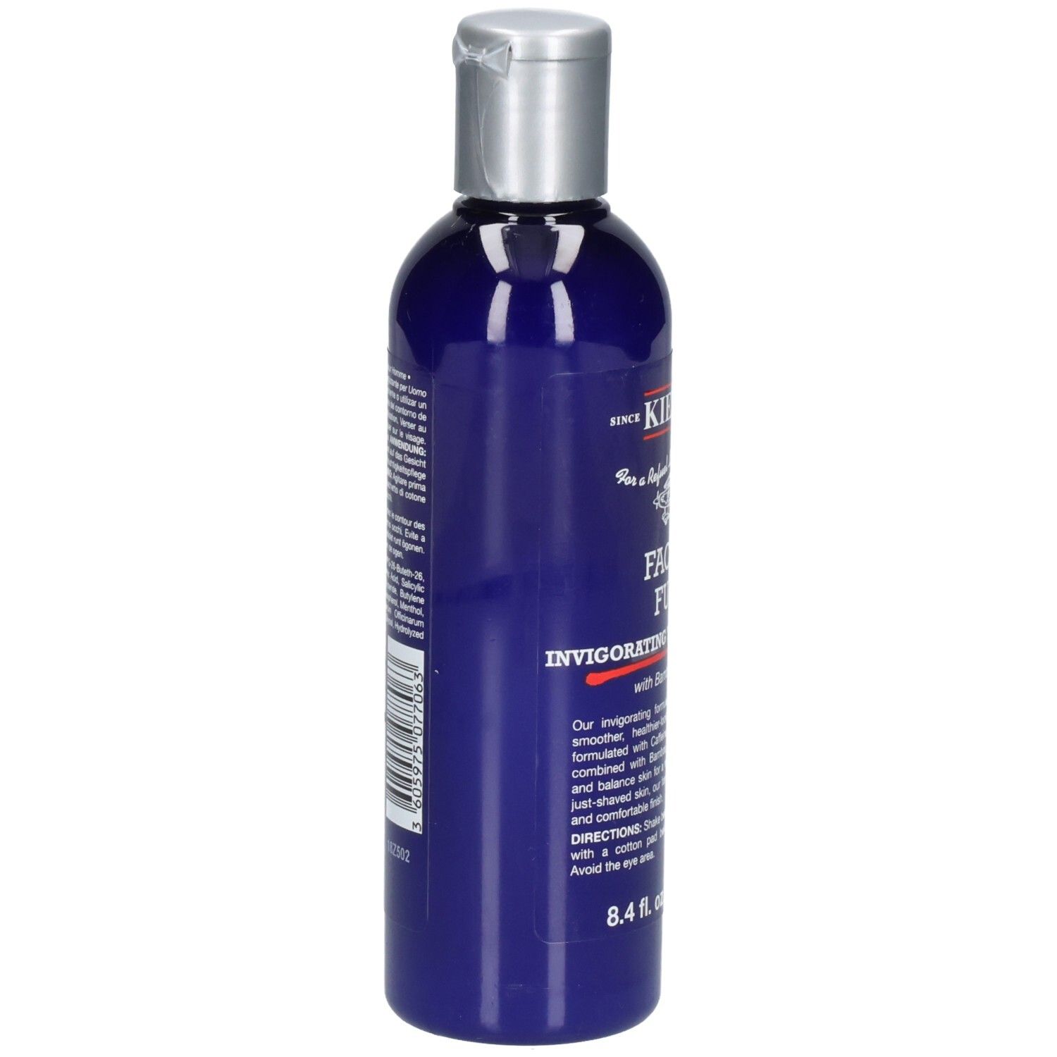 Kiehl's Facial Fuel: Arrière du flacon bleu avec bouchon argenté. Contient 250 ml.