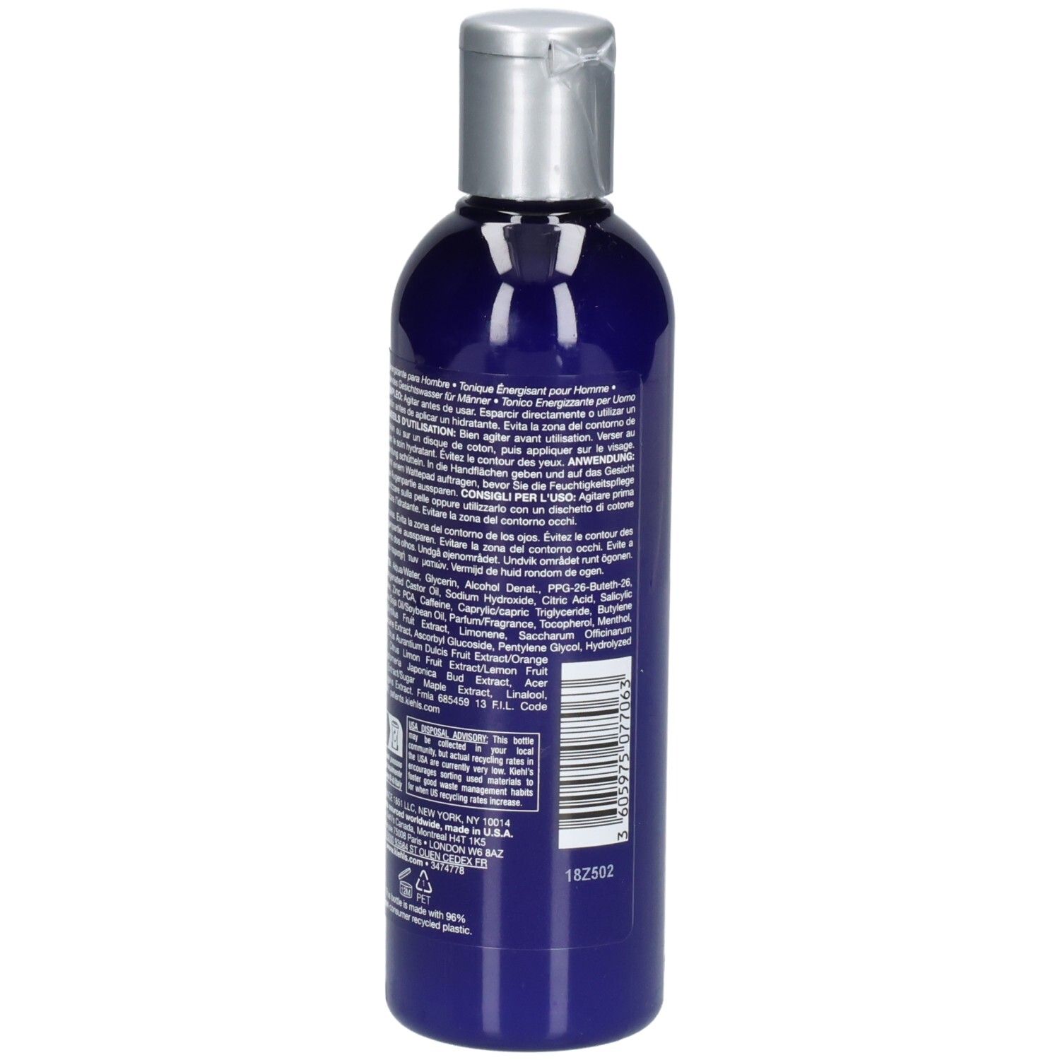 Kiehl's Facial Fuel: Vue latérale du flacon bleu avec bouchon argenté. Contient 250 ml.