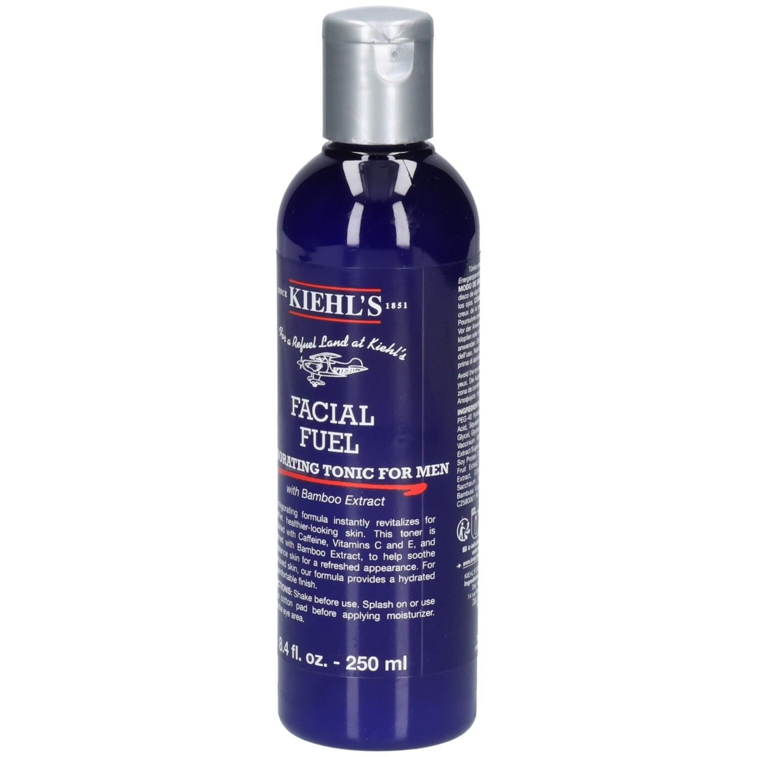 Kiehl's Facial Fuel: Avant du flacon bleu avec bouchon argenté. Contient 250 ml.