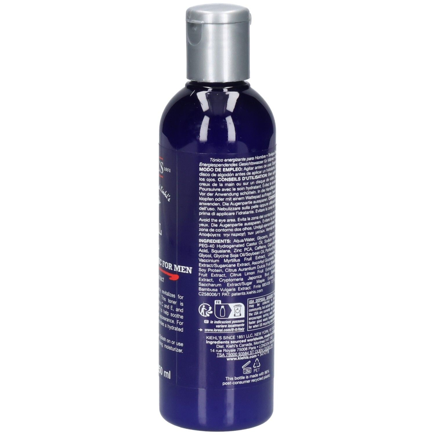 Kiehl's Facial Fuel: Arrière du flacon bleu avec bouchon argenté. Contient 250 ml.