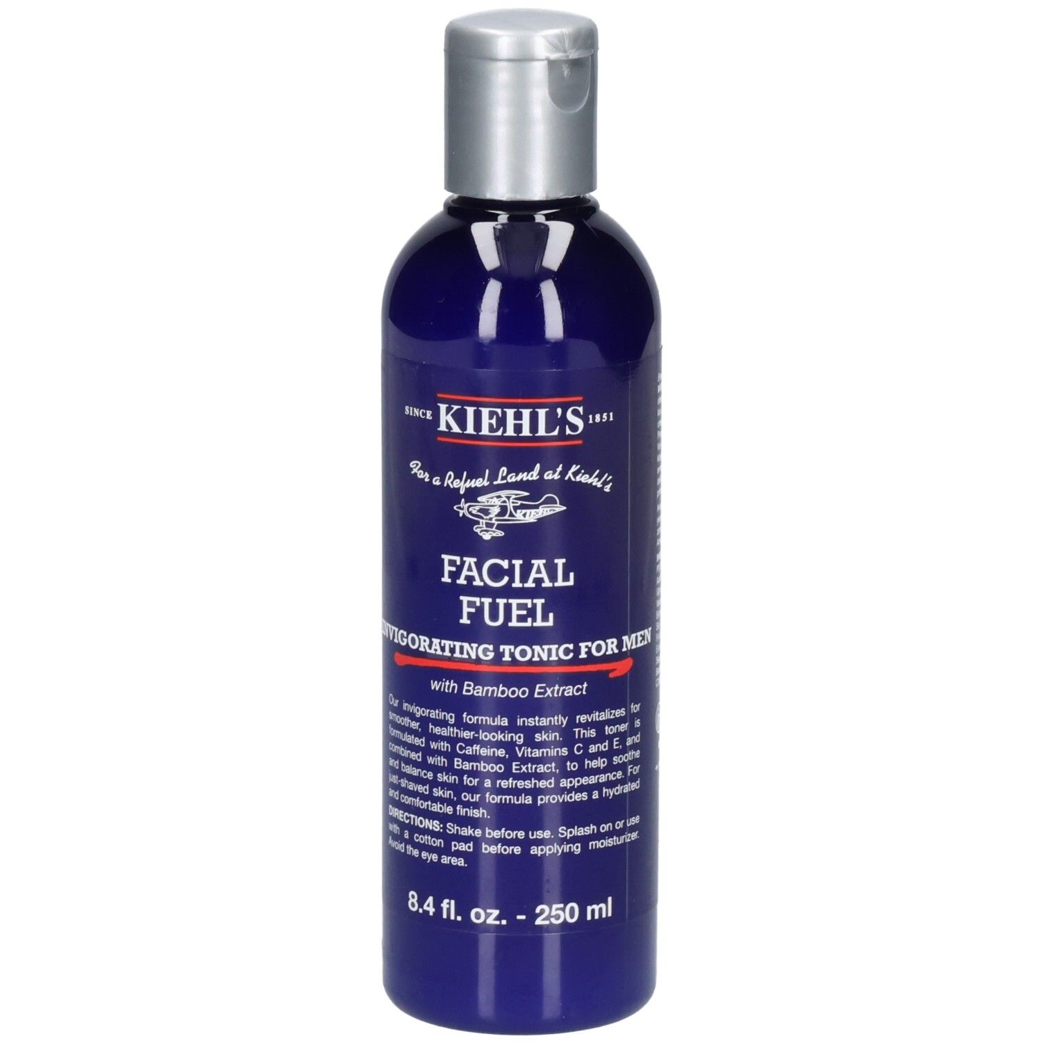 Kiehl's Facial Fuel: Flacon bleu avec bouchon argenté à rabat. Contient 250 ml.