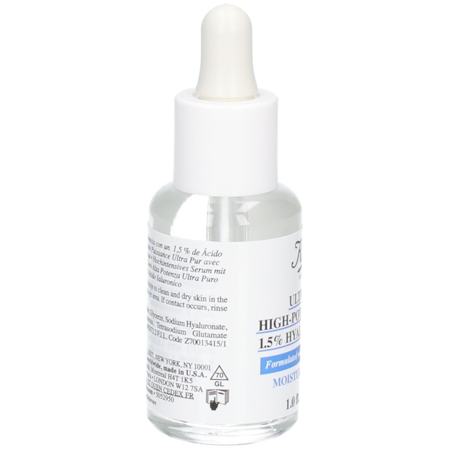 Sérum Kiehl's acide hyaluronique : arrière du flacon de 30 ml avec pipette. Contient 1,5% d'acide hyaluronique.