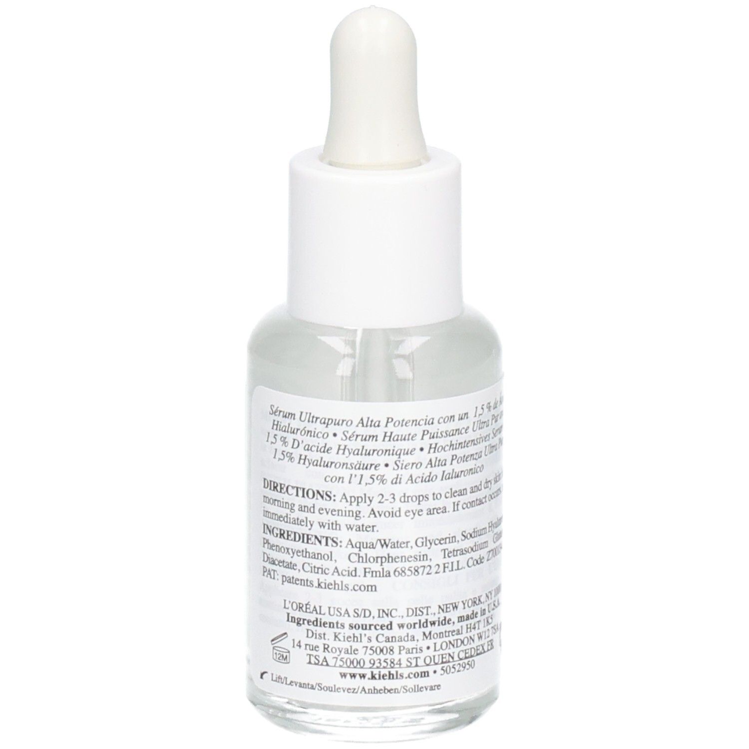 Sérum Kiehl's acide hyaluronique : arrière du flacon de 30 ml avec pipette. Contient 1,5% d'acide hyaluronique.