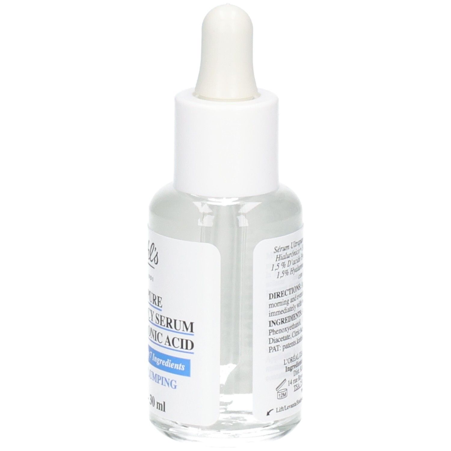 Sérum Kiehl's acide hyaluronique : arrière du flacon de 30 ml avec pipette. Contient 1,5% d'acide hyaluronique.