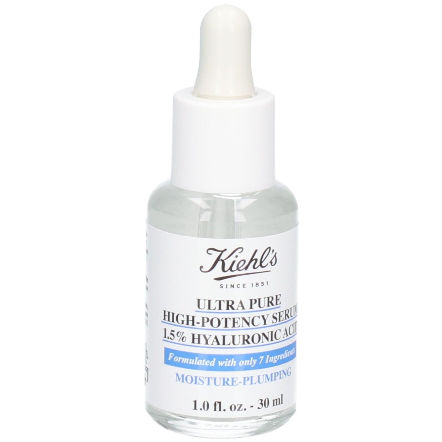 Sérum Kiehl's à l'acide hyaluronique : flacon de 30 ml avec pipette. Contient 1,5% d'acide hyaluronique.