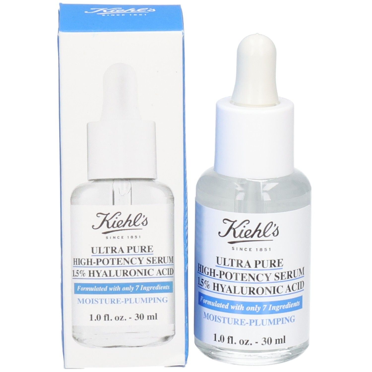 Sérum Kiehl's acide hyaluronique : flacon 30 ml avec pipette et boîte. Contient 1,5% d'acide hyaluronique.
