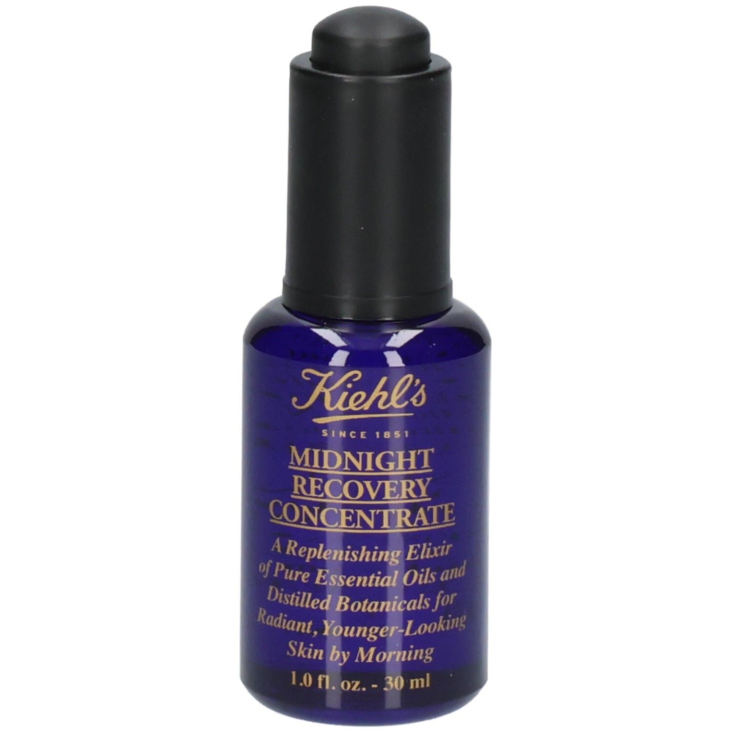 Kiehl's Midnight Recovery Concentrate : flacon en verre bleu avec bouchon compte-gouttes et étiquette.