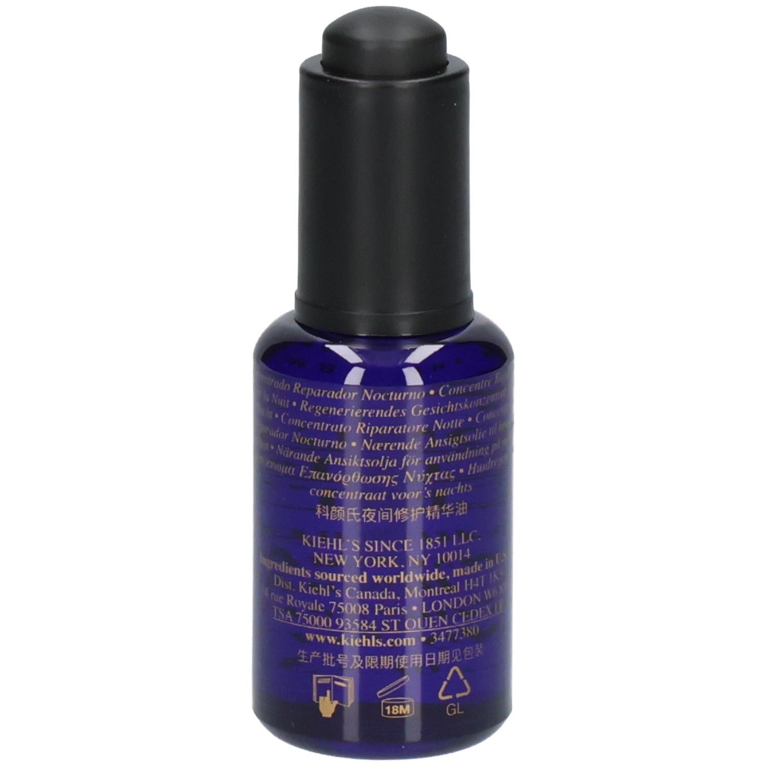 Kiehl's Midnight Recovery Concentrate : flacon avec bouchon compte-gouttes et étiquette d'informations produit.