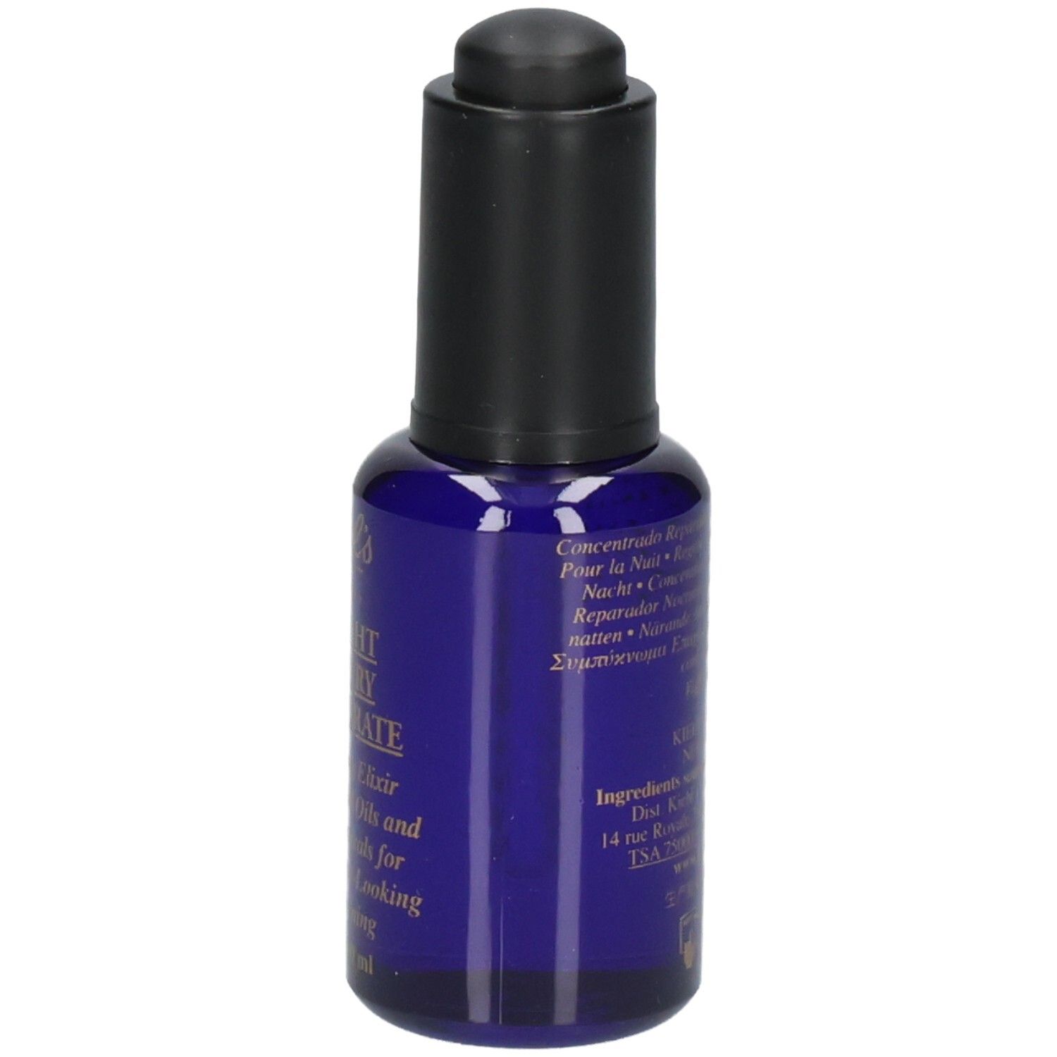 Kiehl's Midnight Recovery Concentrate : vue latérale du flacon en verre bleu avec bouchon compte-gouttes.