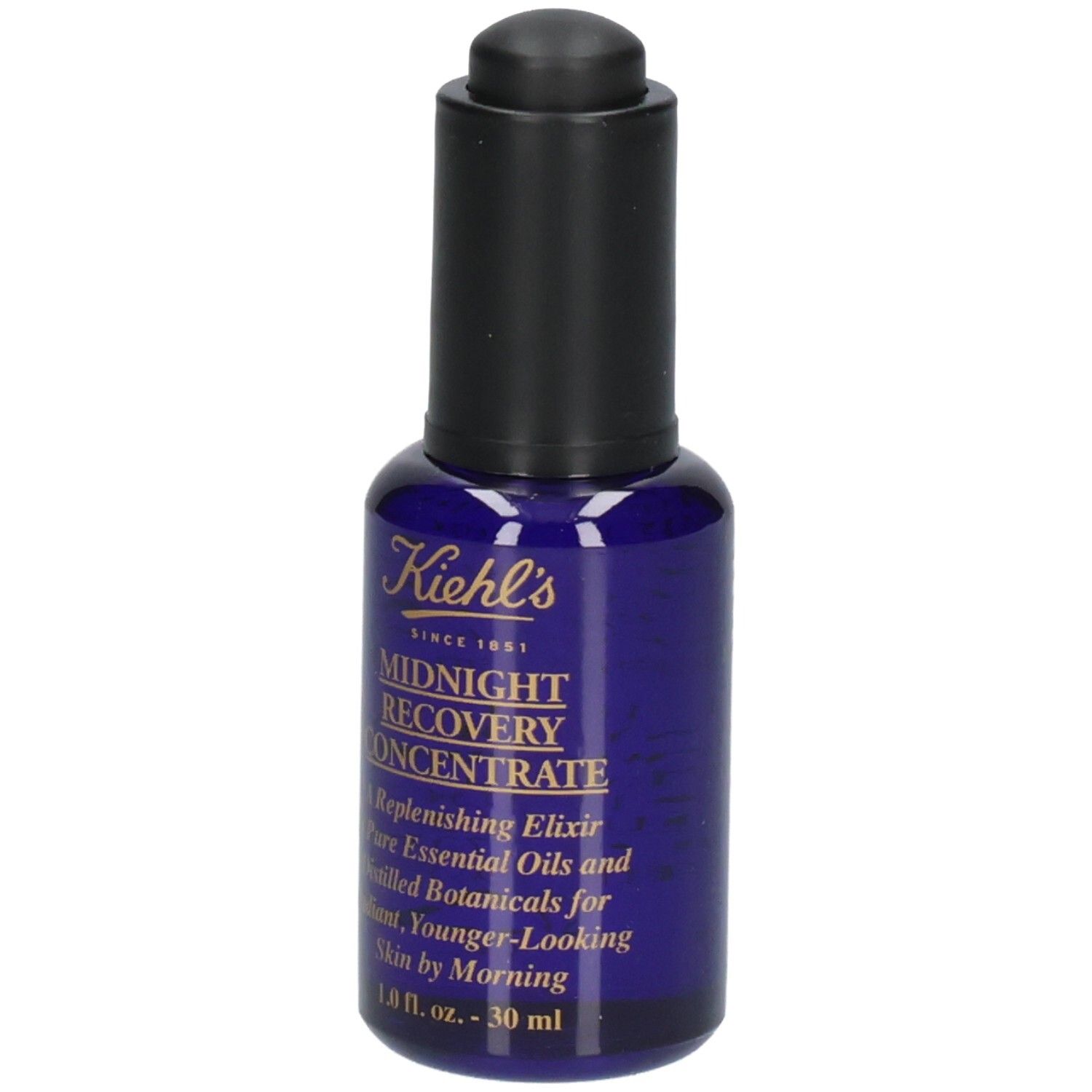 Kiehl's Midnight Recovery Concentrate : flacon en verre bleu avec bouchon compte-gouttes et étiquette.