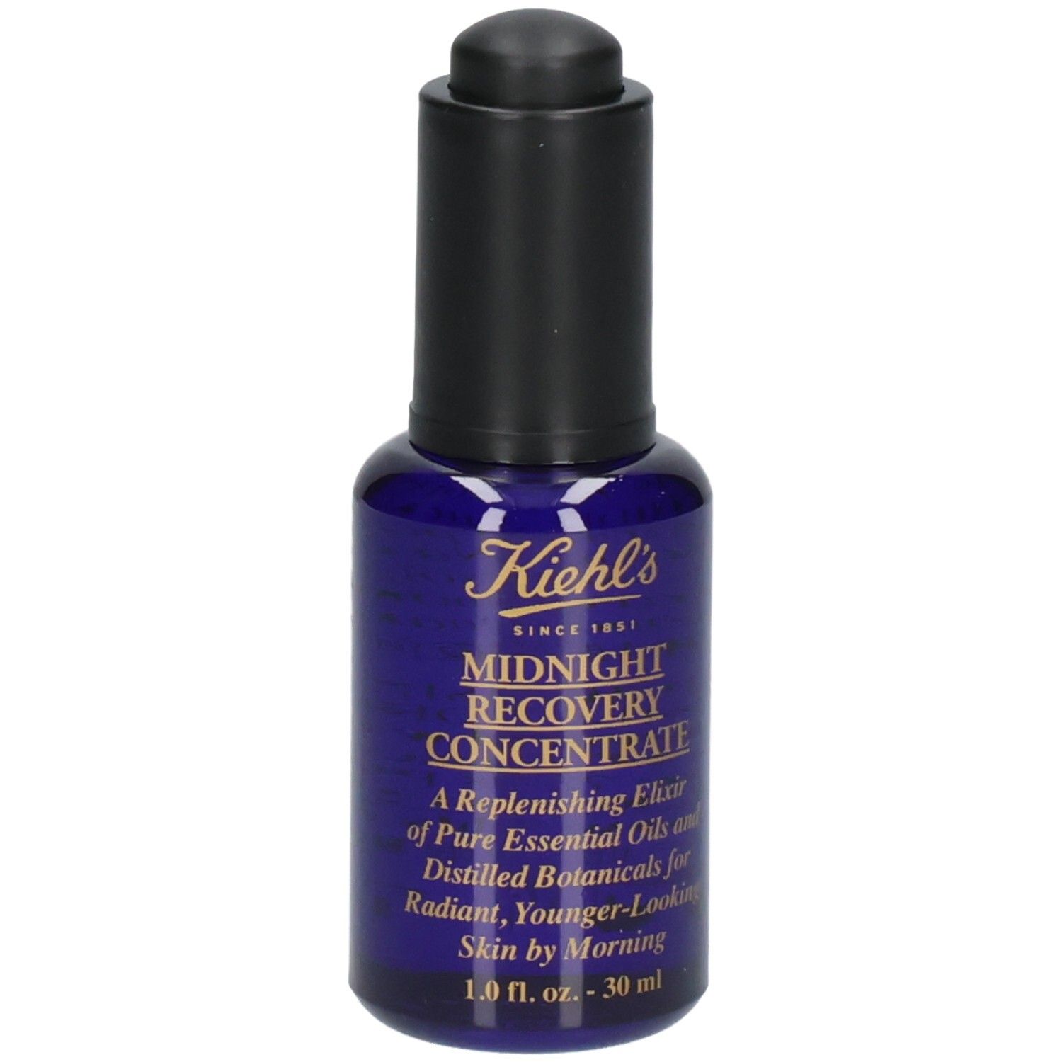 Kiehl's Midnight Recovery Concentrate : flacon en verre bleu avec bouchon compte-gouttes et étiquette.