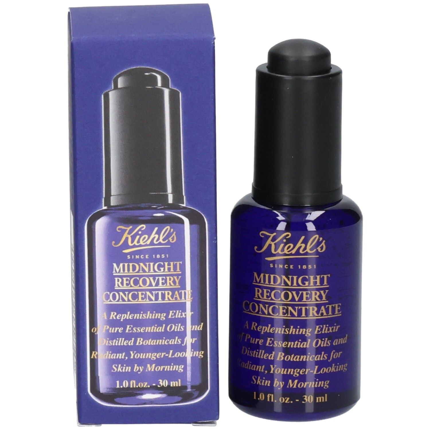 Kiehl's Midnight Recovery Concentrate : flacon et boîte d'emballage, tous deux avec étiquette.