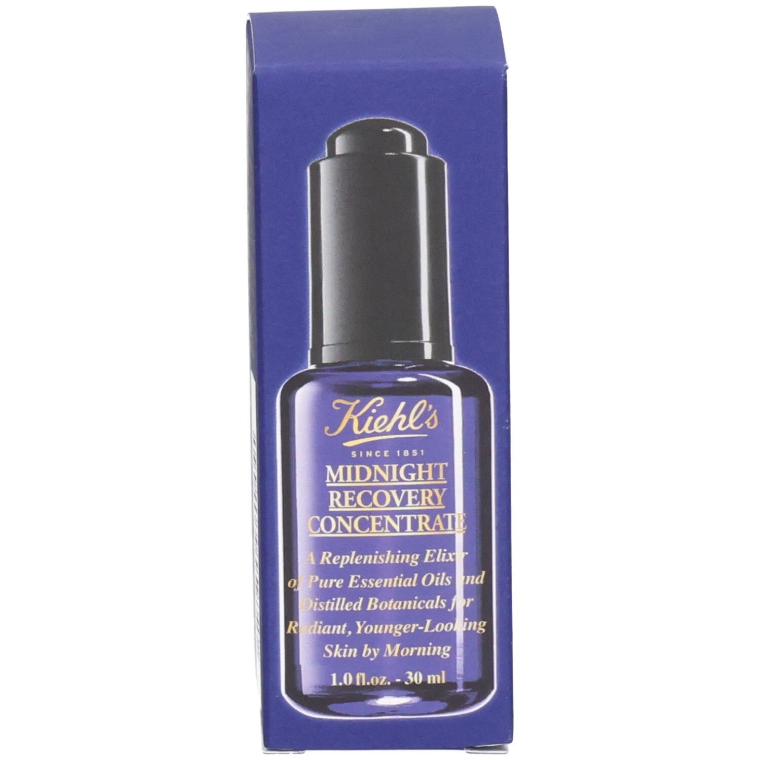 Kiehl's Midnight Recovery Concentrate : flacon en verre bleu avec bouchon compte-gouttes à côté de la boîte d'emballage.