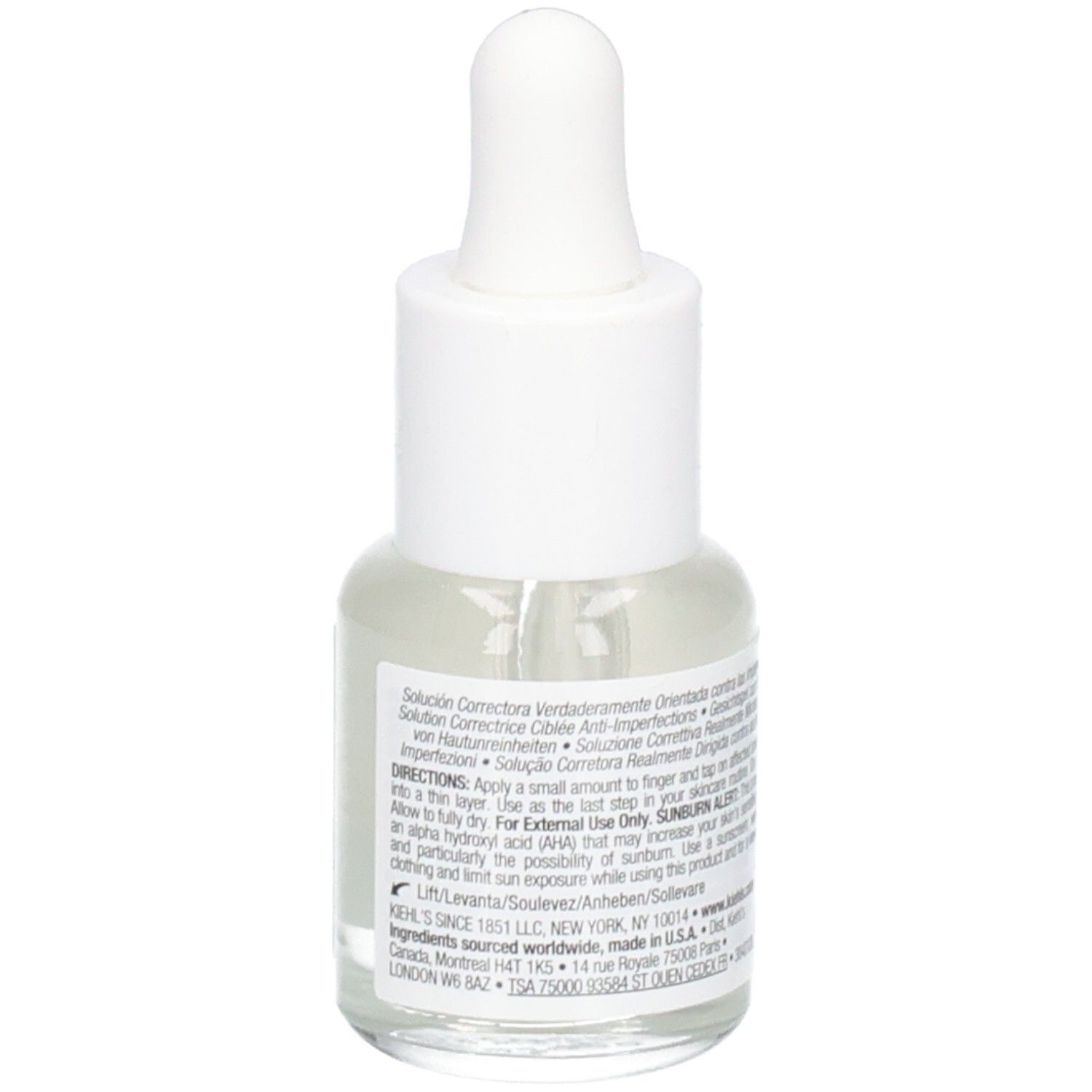 Solution anti-imperfections Kiehl's. Flacon avec compte-gouttes. Contient de l'extrait de réglisse.