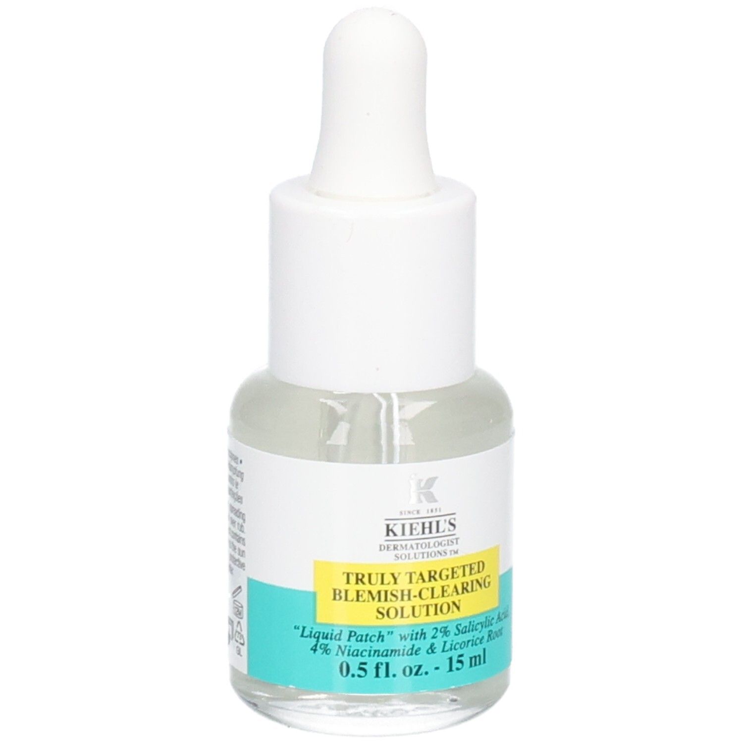 Solution anti-imperfections Kiehl's. Flacon avec compte-gouttes. Contient acide salicylique, niacinamide et réglisse.