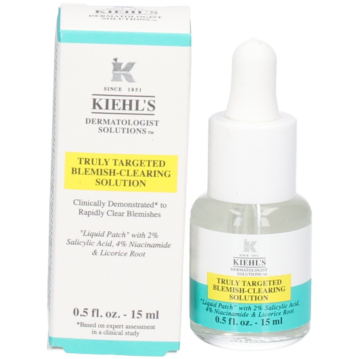 Solution anti-imperfections Kiehl's, flacon et boîte. Contient 2% d'acide salicylique.