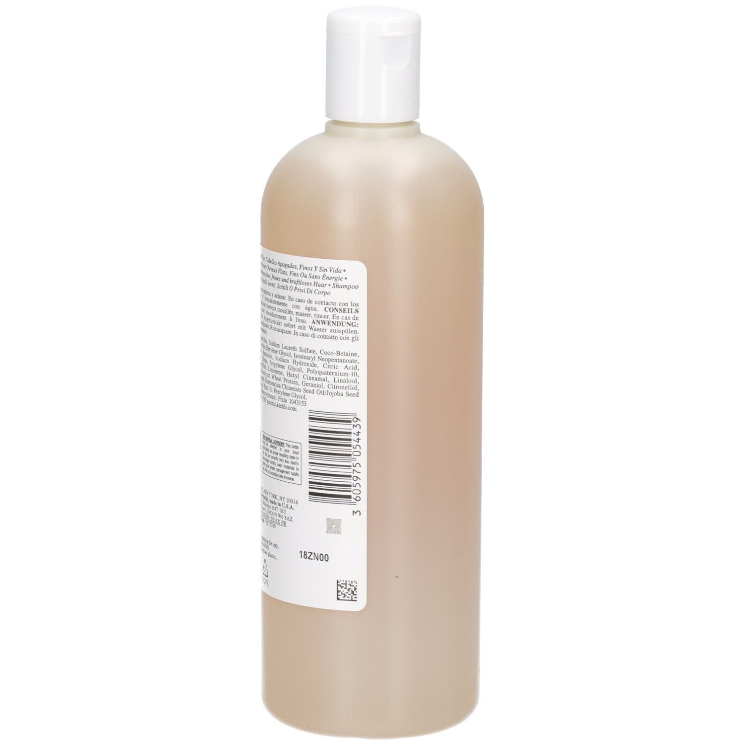 Bouteille de shampooing Kiehl's Rice & Wheat Volumizing, vue arrière avec étiquette et code-barres, 500 ml.