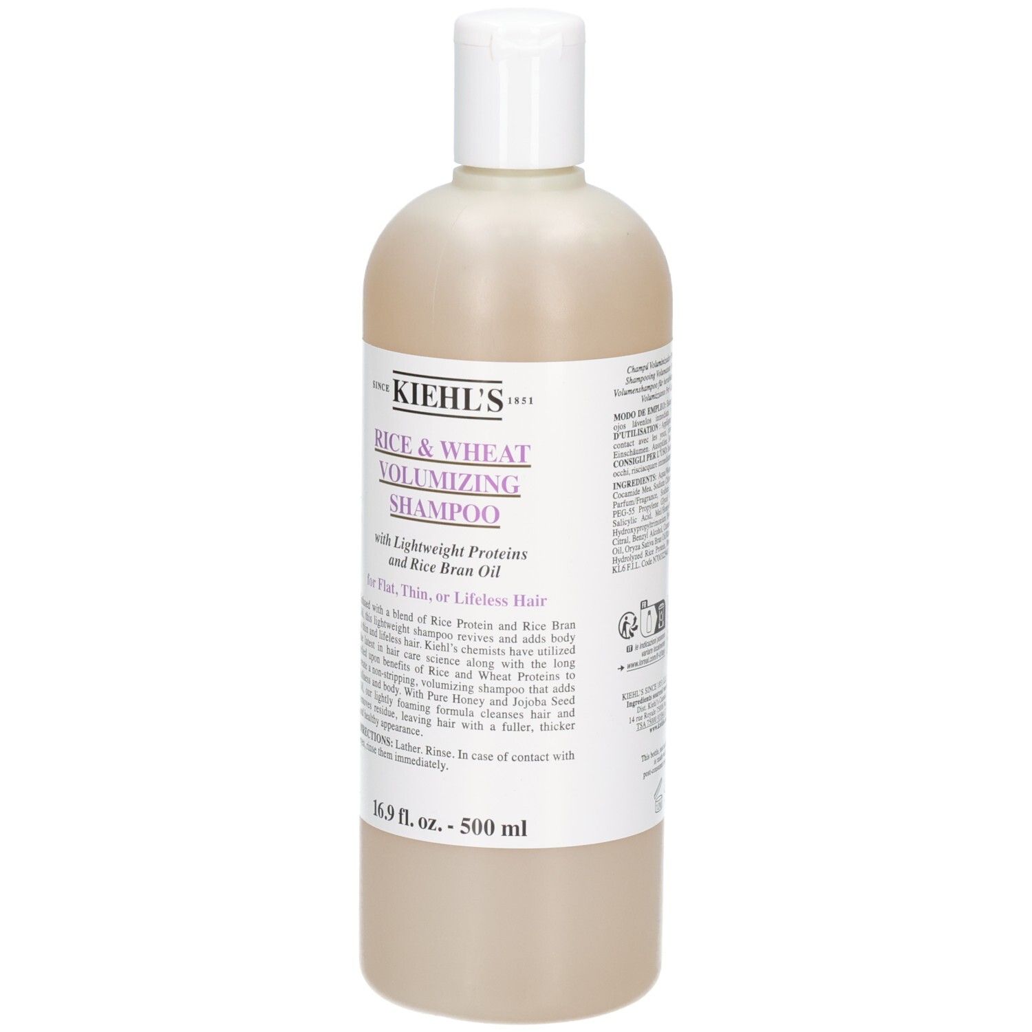Bouteille de shampooing Kiehl's Rice & Wheat Volumizing, vue avant avec étiquette, 500 ml.