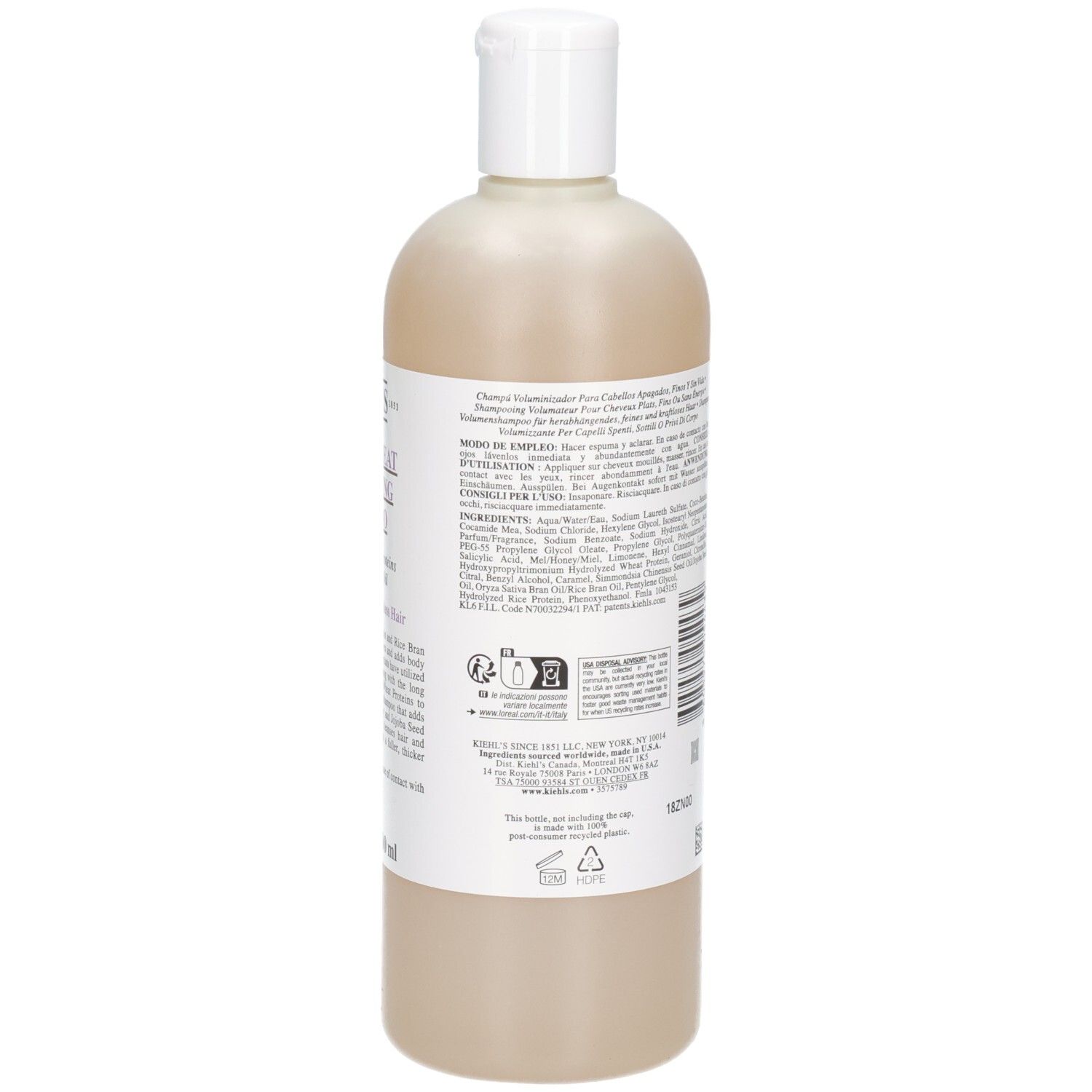 Bouteille de shampooing Kiehl's Rice & Wheat Volumizing, vue arrière avec ingrédients et instructions, 500 ml.