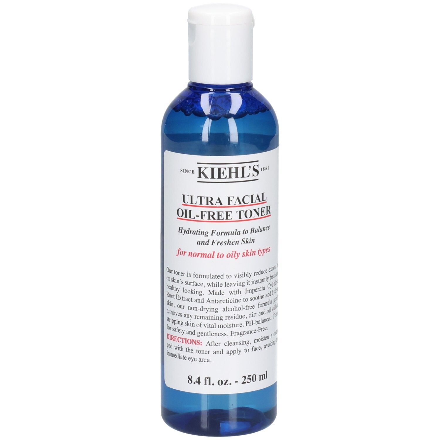 Kiehl's Ultra Facial Oil-Free Toner, 250 ml. Flacon en plastique bleu avec bouchon blanc et étiquette.