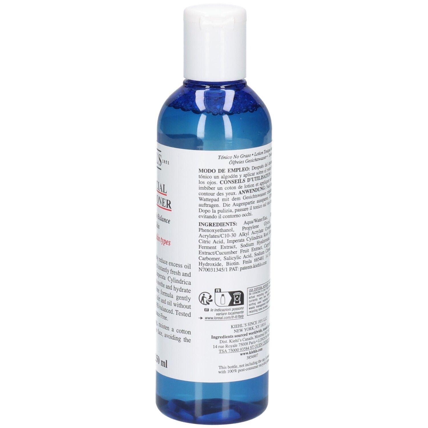 Lotion Tonique Ultra Facial Kiehl's, liquide bleu de 250 ml dans une bouteille transparente avec bouchon blanc.