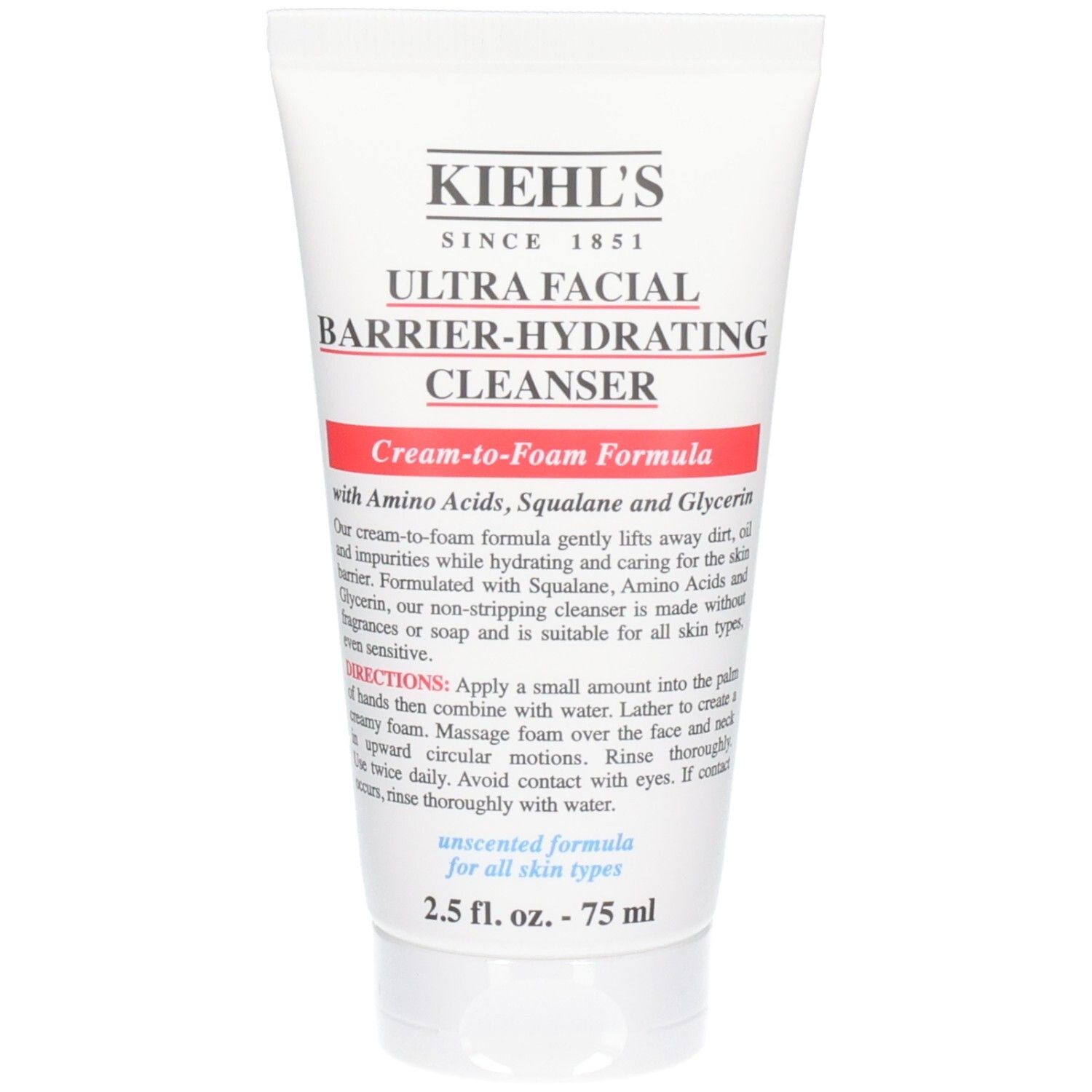 Tube blanche avec inscription KIEHL'S Ultra Facial Barrier-Hydrating Cleanser. Formule Cream-to-Foam.